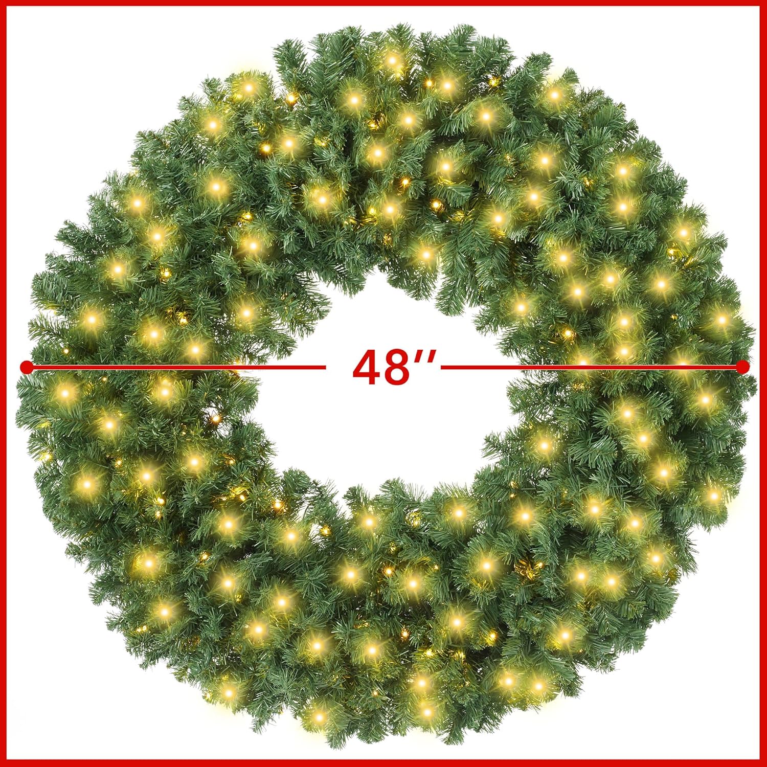 Casafield 48" Pre-Lit Fir Artificial Christmas Wreath Holiday Décor, 200 LED Lights, 860 PVC Tips for Front Door, Window, or Mantel