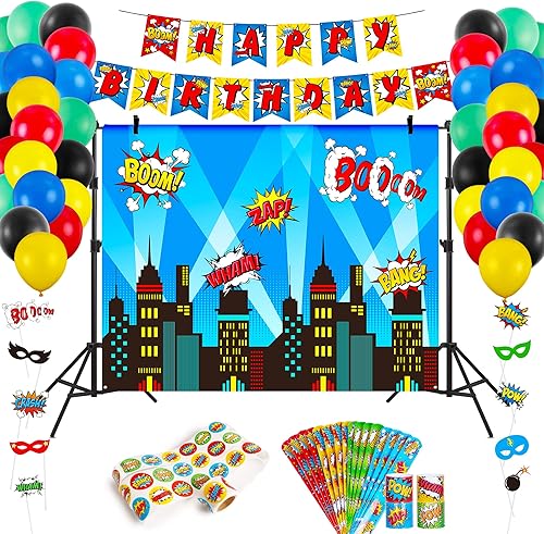 DECORLIFE 89 accesorios de cabina de fotos de superhéroes que incluyen telón de fondo de fotografía, 16 pulseras de palmada, 10 accesorios de cabina