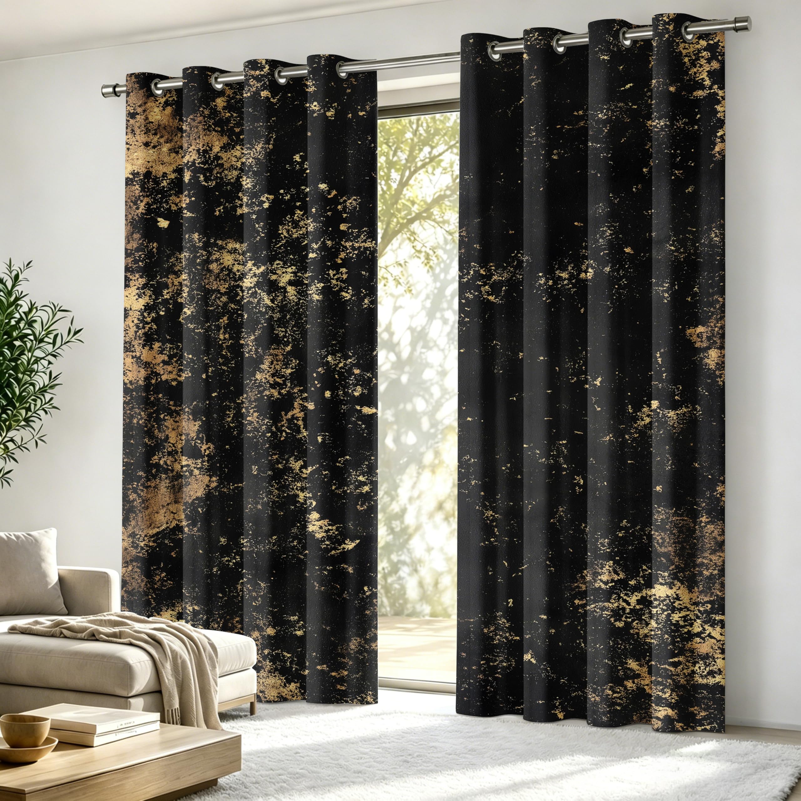 Luxfieo Black and Gold Blackout Curtains for Living Room Bedroom - 108 Inch Drop Curtains 90x108, Modern Abstract Luxury Contemporary Abstract Window Treatments, Thermal Eyelet Drapes 2 Panels