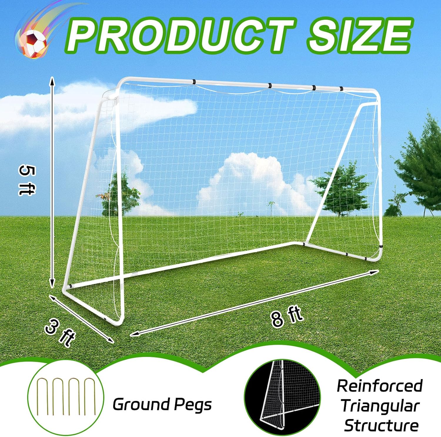 liliful 12 x 6/10 x 6.5/8 x 5 ft soccer goal for backyard portable soccer net and steel weatherproof frame folding goals with 6 ground stakes for adults youth outdoor training competition