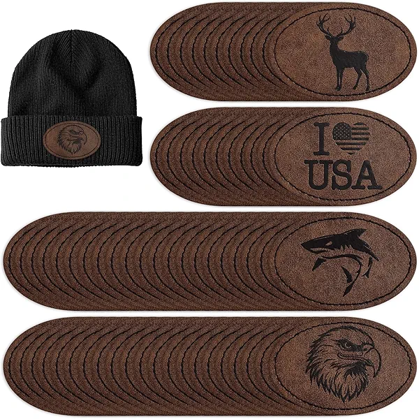 60 Pieces Blank Leatherette Hat Patch with Adhesive, Iron on Heat Press Leatherette Patch, Faux Leather Patches for Hats Custom Fabric Repair Sew Laser Supplies-Oval, Dark Brown
