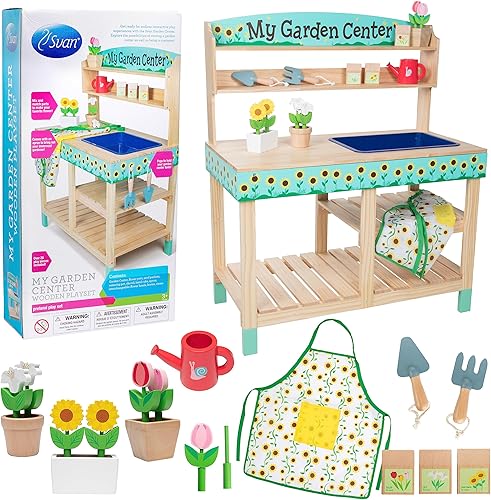 Miniatura 9 de Svan Centro de jardinería de juguete de madera para interiores, juego de 22 piezas de soporte de jardín con flores, paquetes de semillas, macetas,