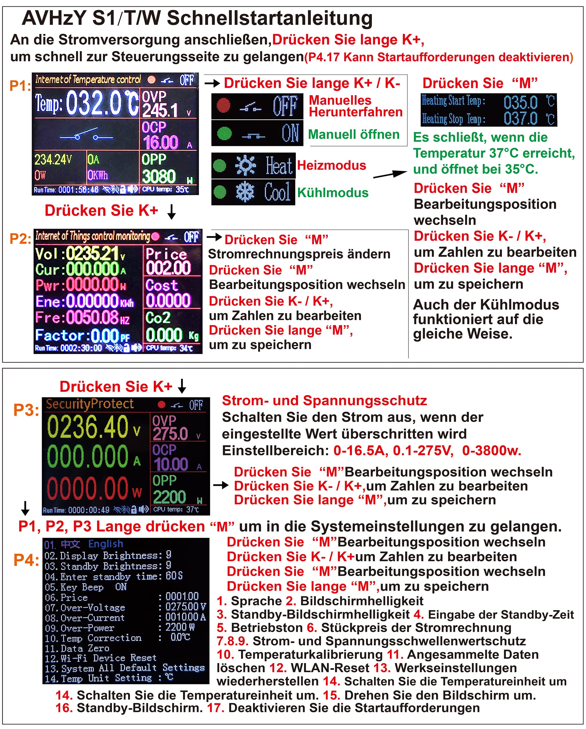 AC-WLAN-Wattmeter, Plug-in-EU-Steckdosen-Leistungsmesser, hintergrundbeleuchtetes großes Farbdisplay, Überlastschutz, Kilowatt-Spannungs-Ampere-Tester, elektrische Energieüberwachung,