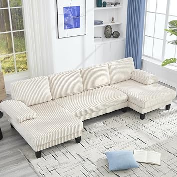 Deolme 114.2" Beige Sectional Couches for Living Room, U Shaped Couch with Double Chaise, Modern Comfortable Plush Corduroy 4-Seat Cloud Sofa Set with Chenille Fabric for Home Furniture Beige