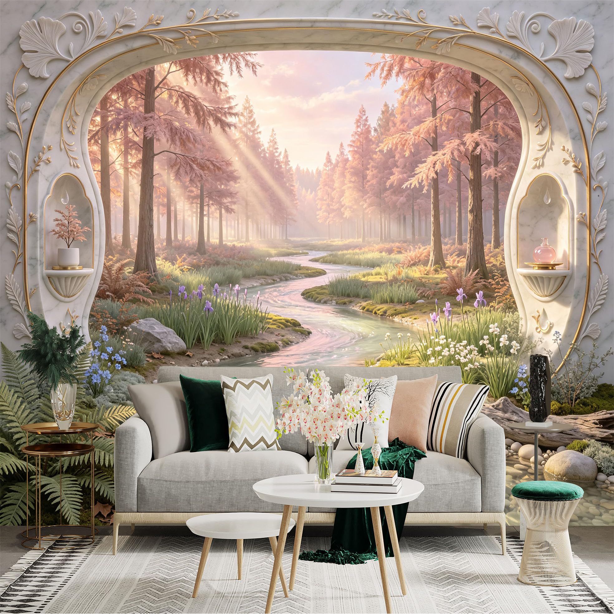 Lnzczhyre Bh260719576 Custom Size Wall Sticker Mural， Enchanting Pink Forest Scenery， Winding River Landscape， Ethereal Sunbeams， Elegant Archway Frame， For Wall Decoration， Peelandstick Wall Decals.