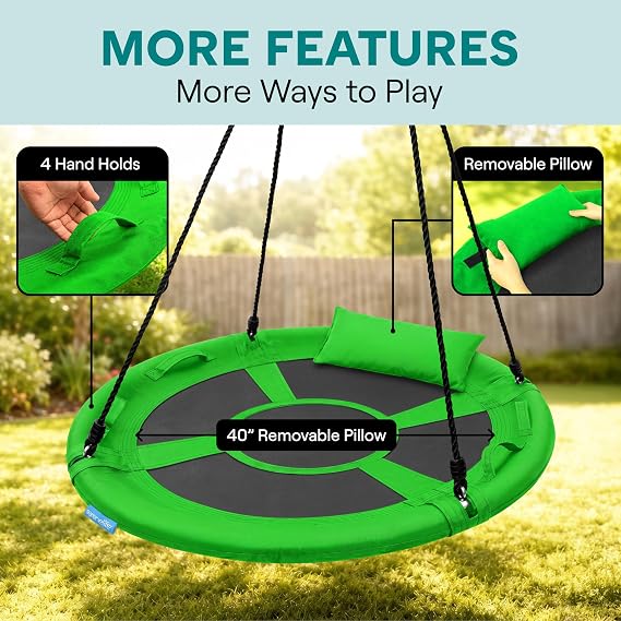 SereneLife Saucer Swing, Tree Swing, 40 Inch, 900lb Heavy Duty Capacity for Kids, 900D Oxford Waterproof Seat, Adjustable Height Ropes, 2 Strap Tree Hang Kit, Center Swivel Spinner, Green