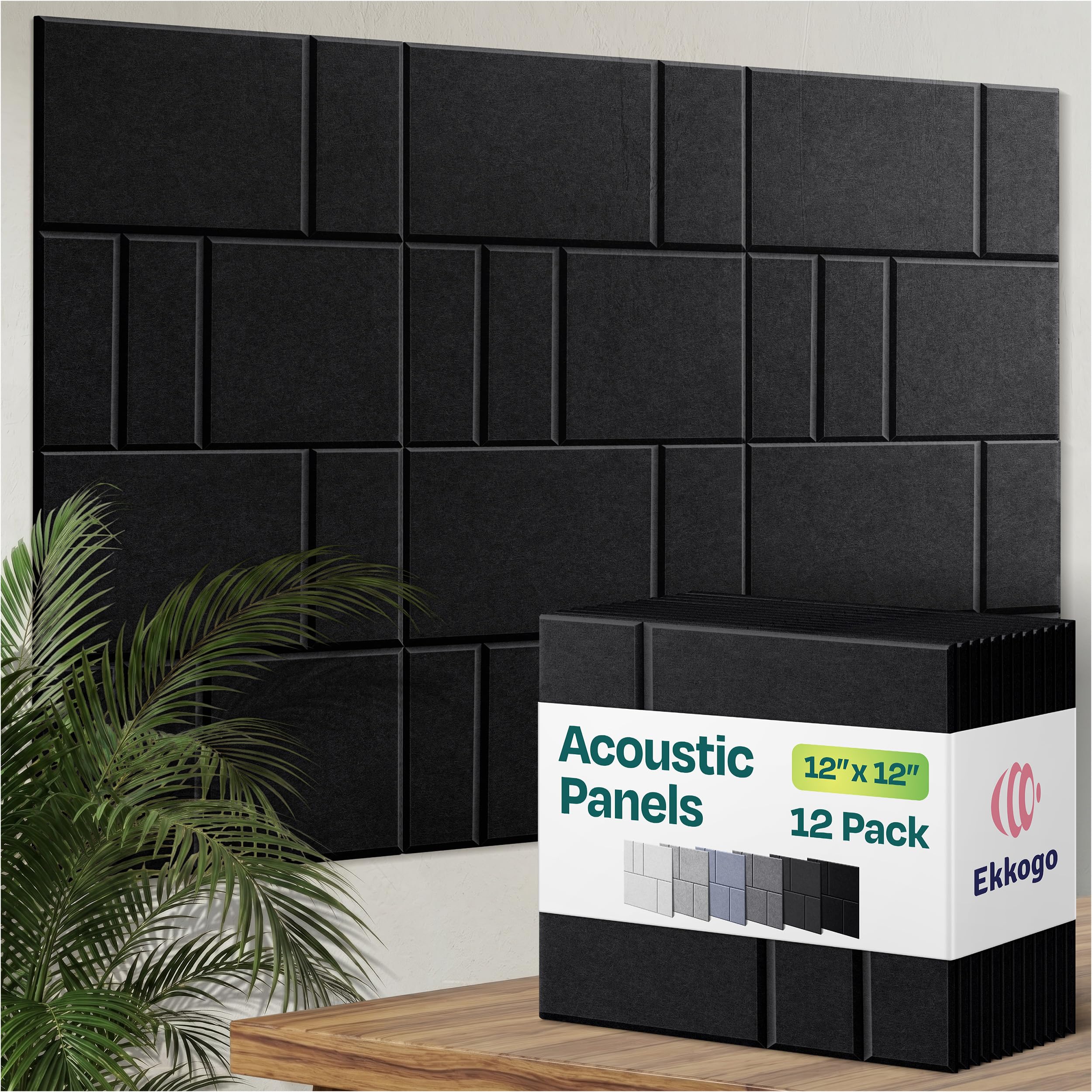 Acoustic Panels 12-Pack Soundproof Wall Panels 12"x12"x0.4" Decorative Sound Dampening for Your Home, Office, Studio, Bedroom &amp; More with Unique GridFrame Carving [Deep Black]