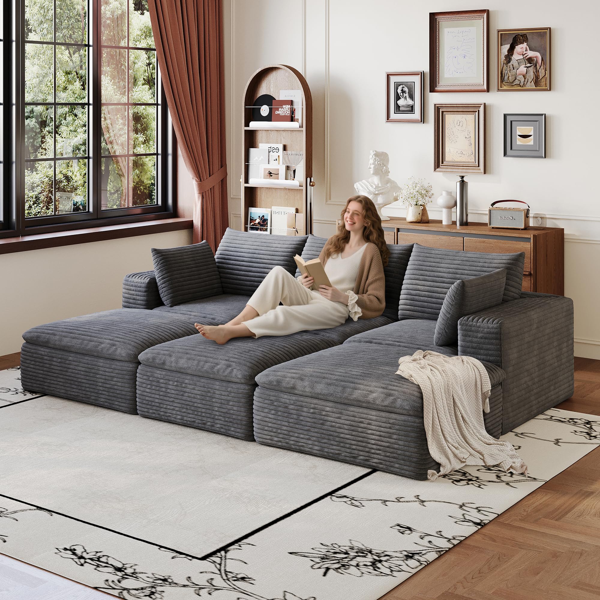 HaoChrymec Divano Cloud in Tessuto a Coste, Design a Doppio Strato, Grigio Scuro, 260 cm