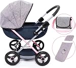 Bayer Design - Twin Dolls Pram Duo Grey Pink Butterfly - Double Stroller for Dolls, Sun Canopy, Security Belt - Dolls Up to 18” - Age 3+ - 39133AA