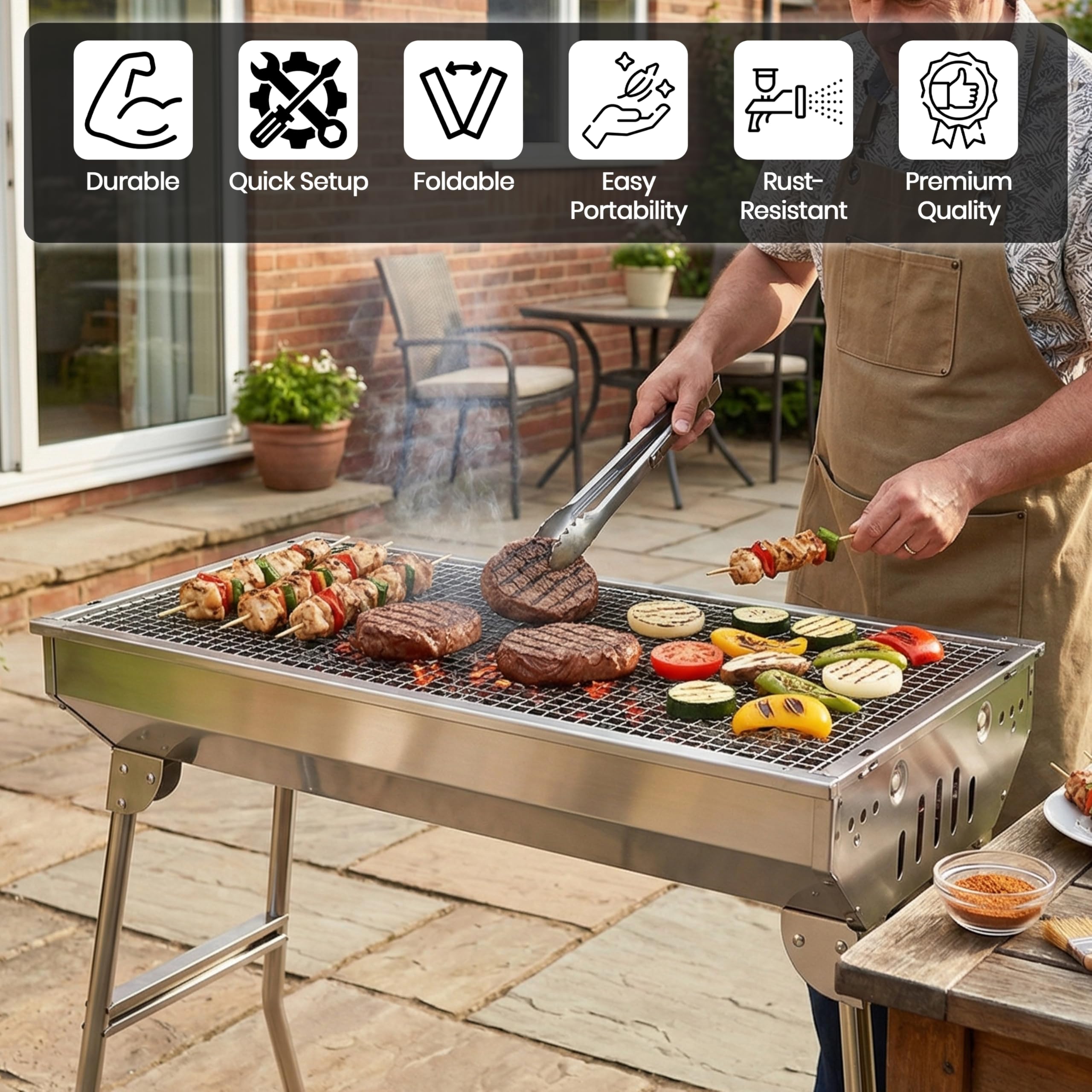 Stainless Steel Portable Charcoal BBQ Grill with Stand, Large Folding Barbecue Grill For Skewers, Burgers & Steaks, Heavy Duty Steel BBQ For Camping, Picnic, Backyard (33x70x73 cm) — view 3