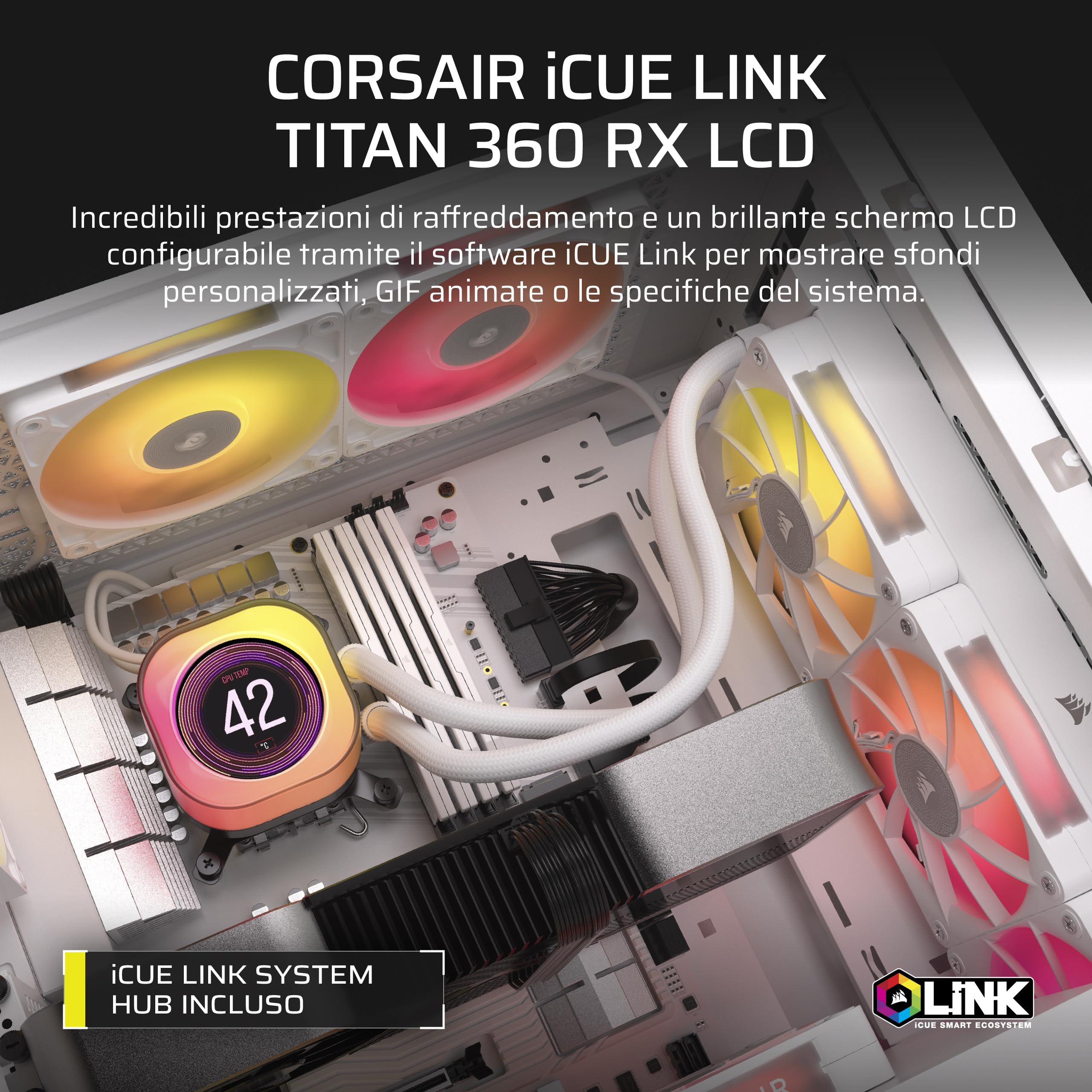 CORSAIR iCUE LINK TITAN 360 RX LCD Raffreddatore CPU a Liquido – Motore di Raffreddamento FlowDrive – Intel LGA 1851/1700, AMD AM5/AM4 – 3x RX120 Ventole RGB – iCUE LINK System Hub Incluso – Bianco