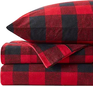 Flannel Sheets Warm and Cozy Deep Pocket Breathable All Season Bedding Set with Fitted, Flat and Pillowcases, King, Buffalo Check Plaid Burgundy