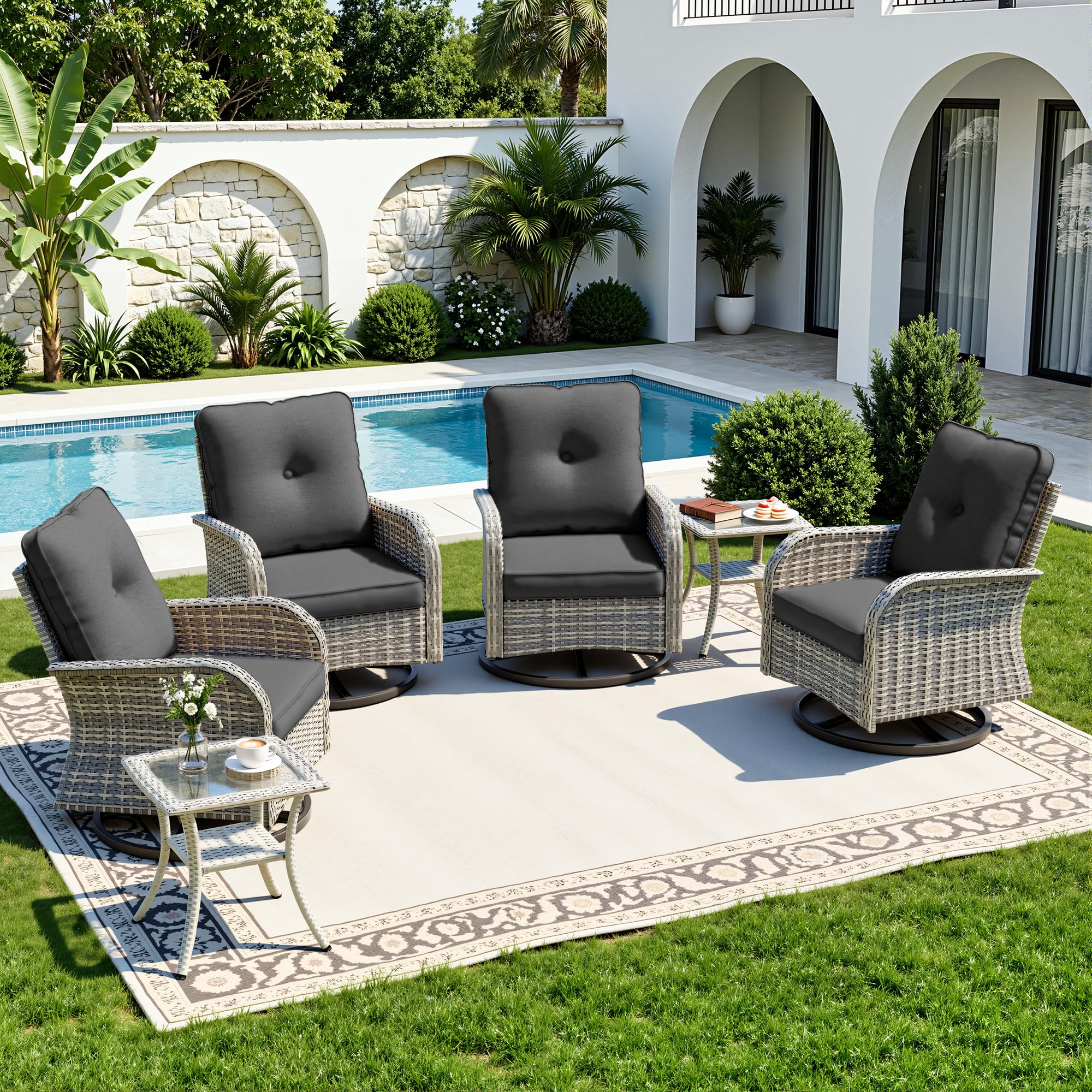 6-Piece Small Patio Furniture Set, Outdoor Swivel Rocking Chairs Set with Wicker Chairs and Tempered Glass Side Table, Outdoor Furniture Patio Bistro Set for Balcony, Deck, Porch