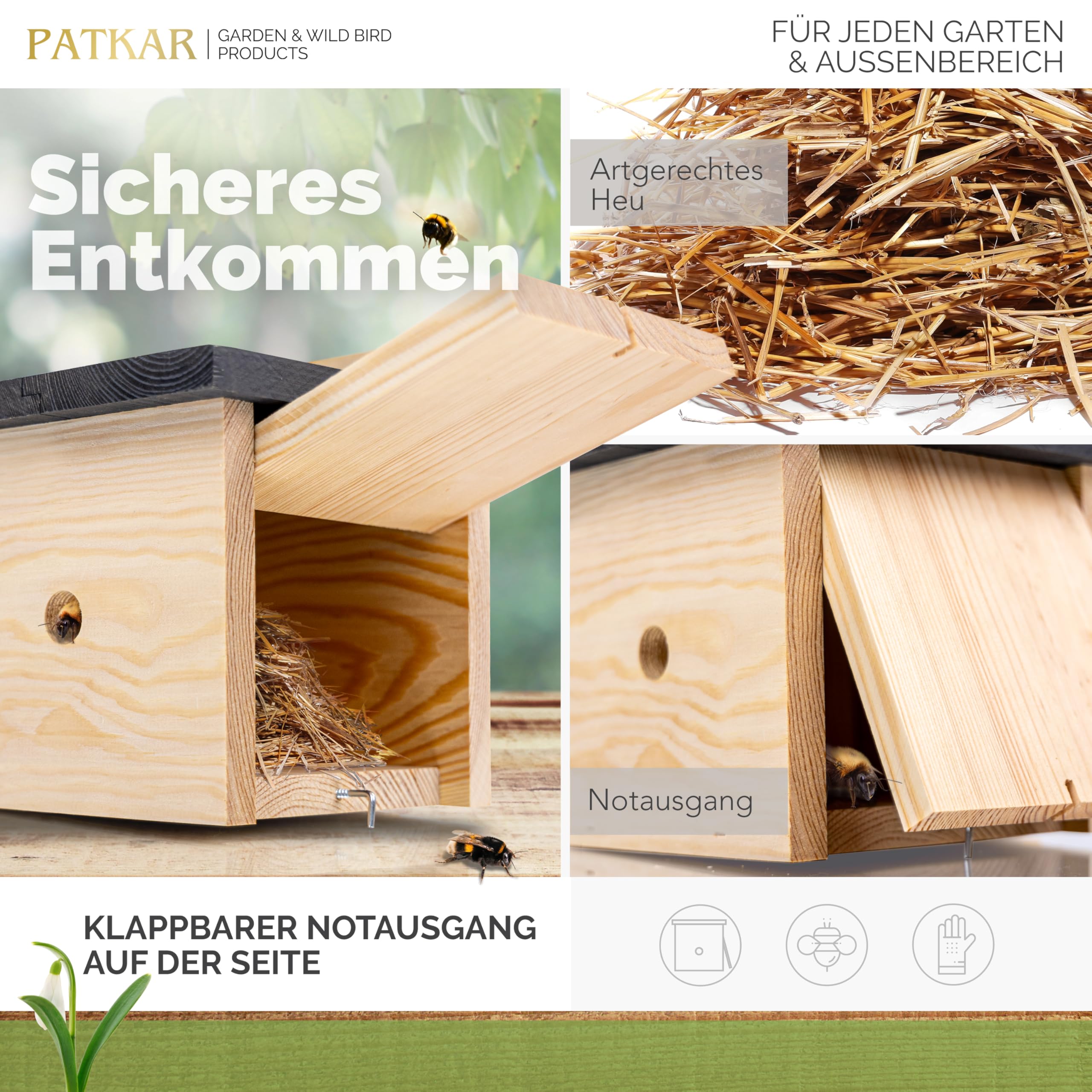 PATKAR® Hummelhaus Hummelkasten [EXTRA STABIL] - Insektenhotel Bienenhotel wetterfest & windfestes Kiefernholz (Made in Europe) - Wildbienenhotel Bienenhaus für den Garten - Gebrauchsfertig montiert