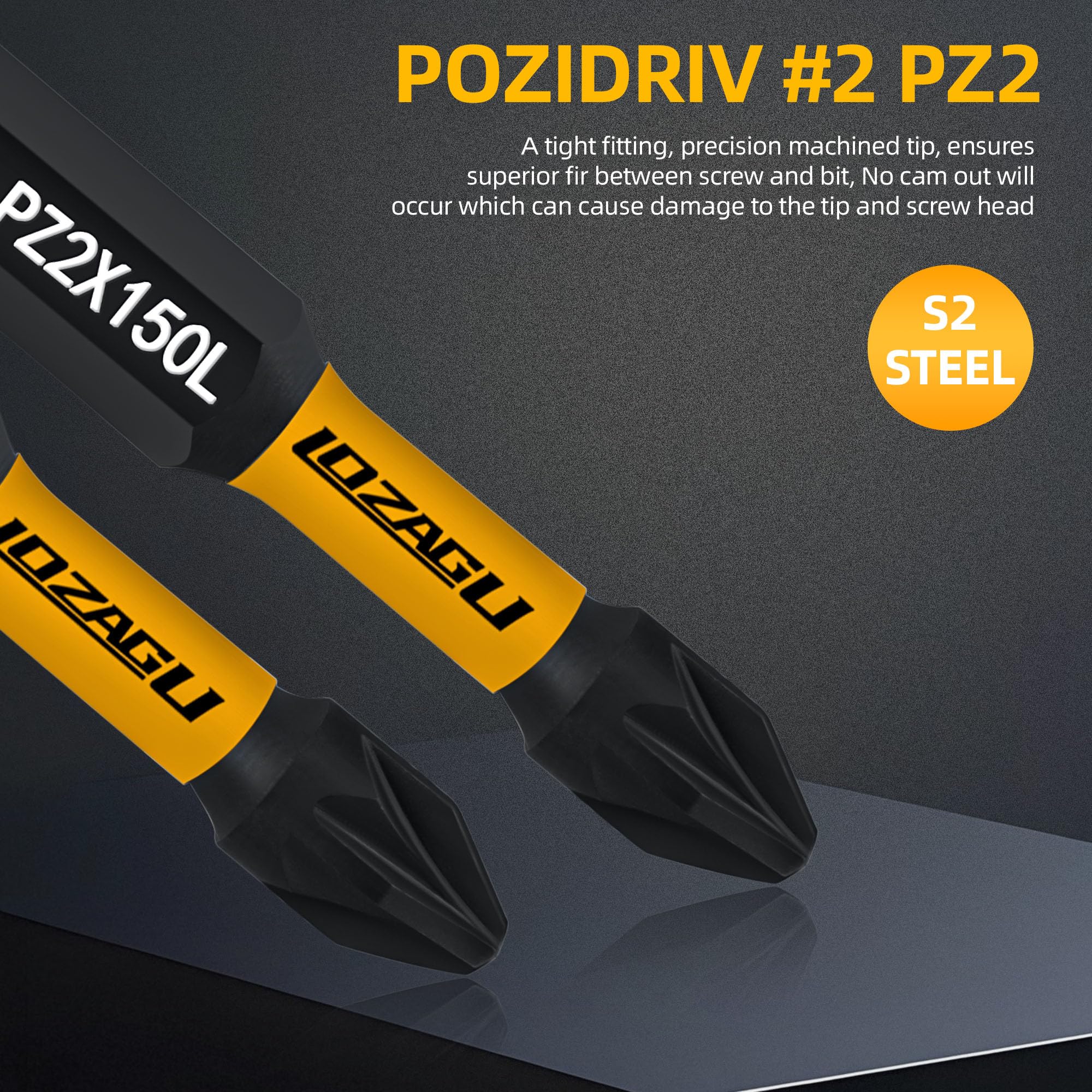 10-Piece PZ2 100mm Bits, PZ2 Magnetic Screwdriver Impact Bits Set, Pozi Pozidriv Bits with Storage Box, Yellow - Image 4