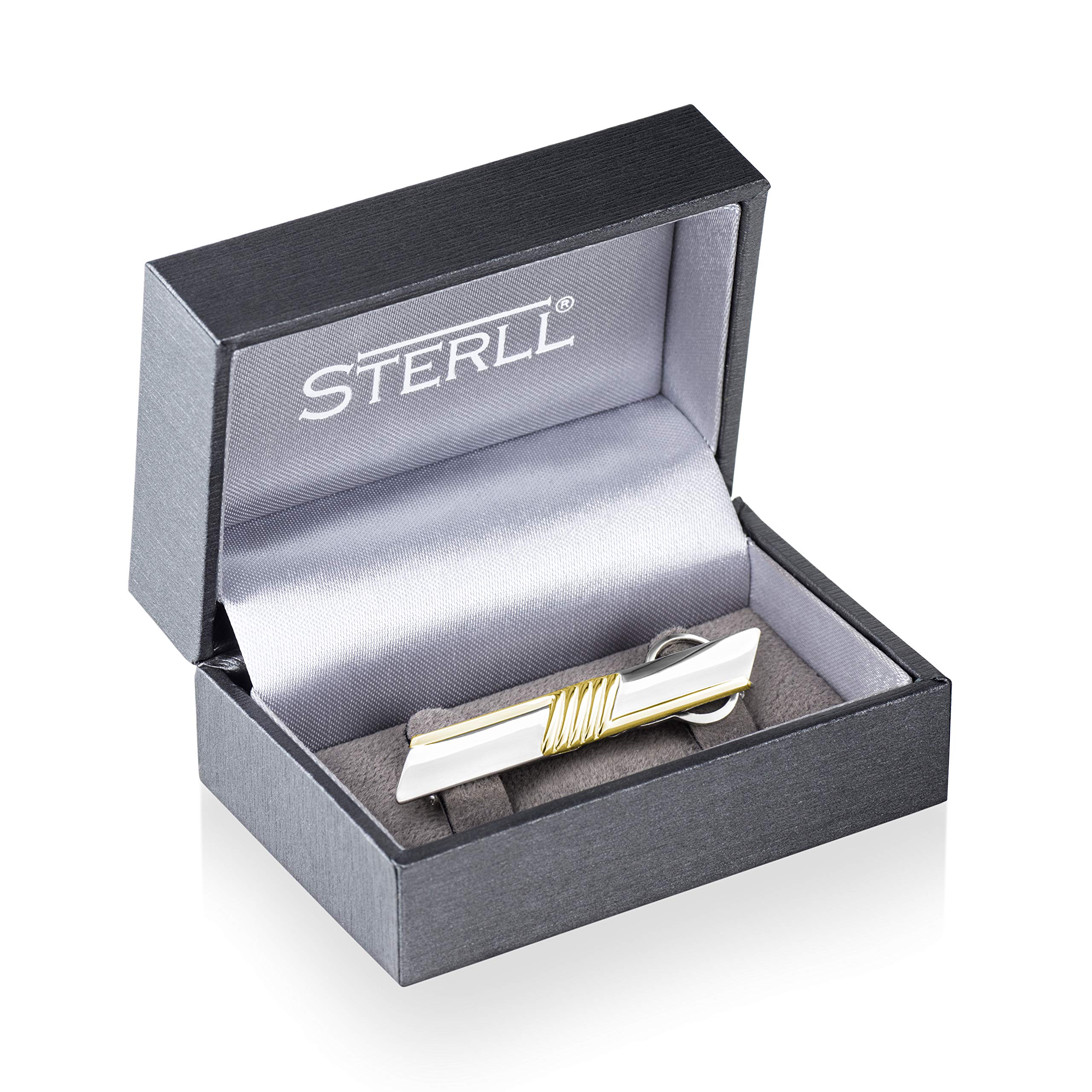 Clip De Corbata De Plata Para Hombre Con Rayas Chapadas En Oro Y Cadena Seguro