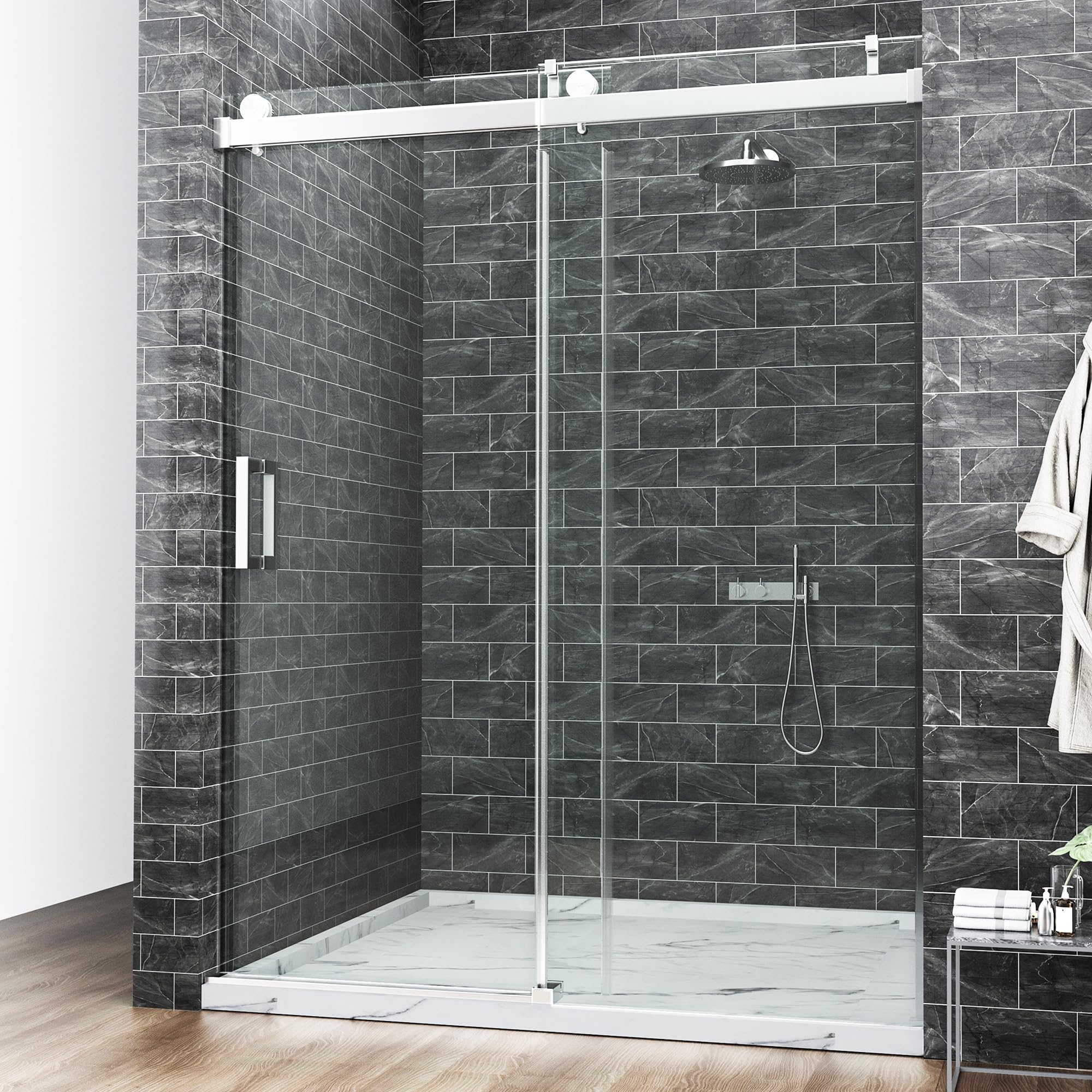 Photo 1 of 68-72" W x 76" H Shower Door,Frameless Shower Door,Single Sliding Shower Glass Door with 3/8" (10mm) Clear SGCC Tempered Glass, Roller Disc System (Brushed Nickel, 72" Wx76 H-Single Sliding)