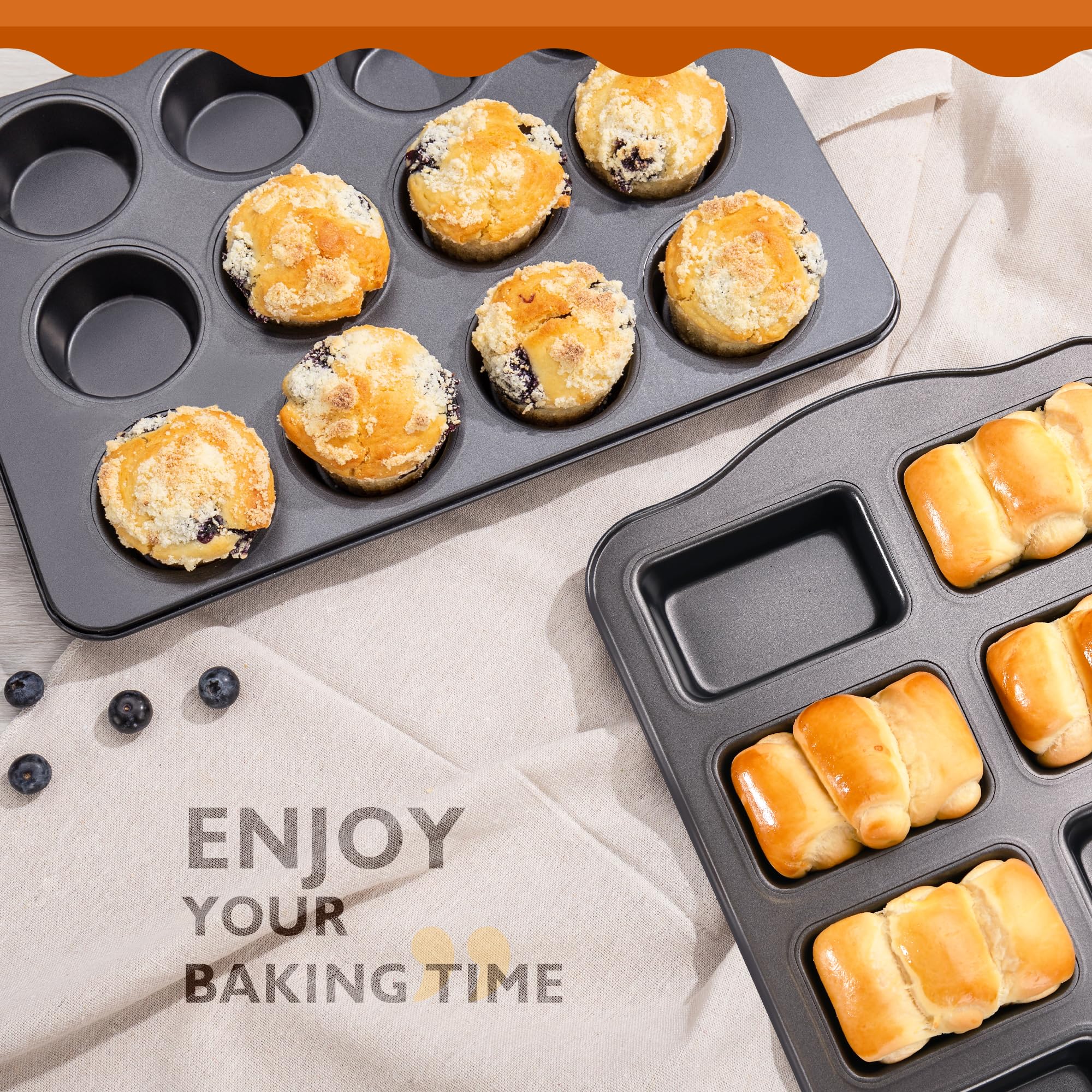 HONGBAKE Blacha do muffinów nieprzywierająca, 12 filiżanek i mini foremki do chleba, 8 wnęk, foremka na babeczki do pieczenia i mała taca na chleb bananowy - szara