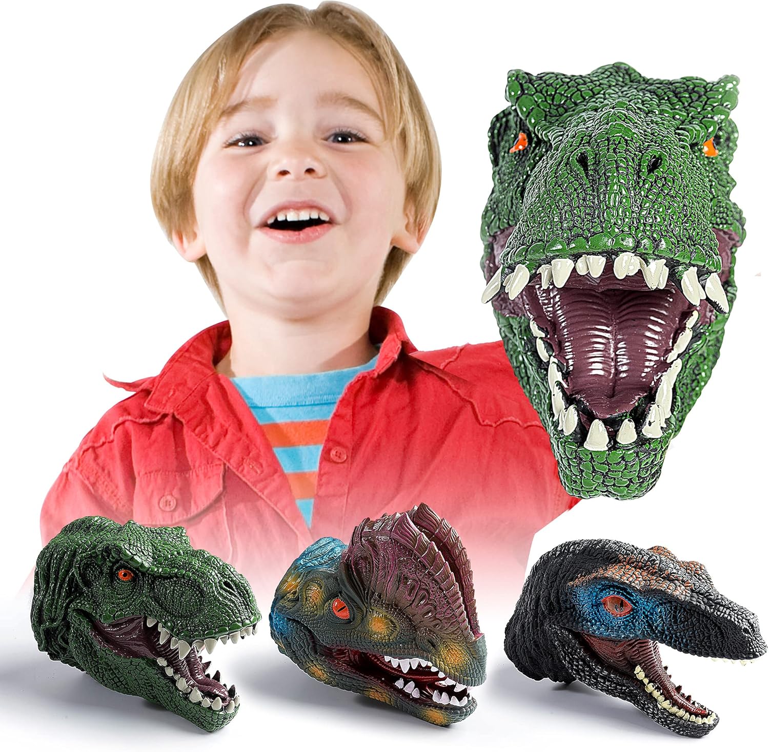 KIDAMI Dinosaur Puppets Hand Puppet Toys Set Rubber Soft Touch