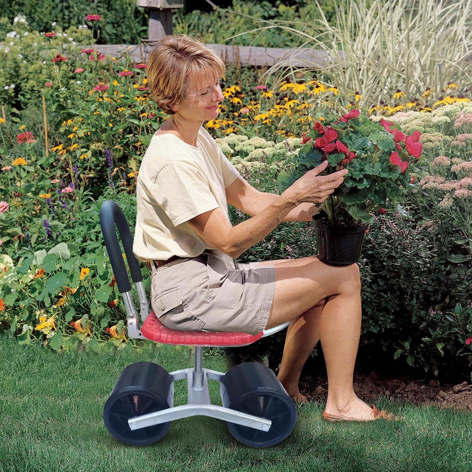 Taboret ogrodowy z kółkami, składany, obracany o 360 stopni, regulacja wysokości