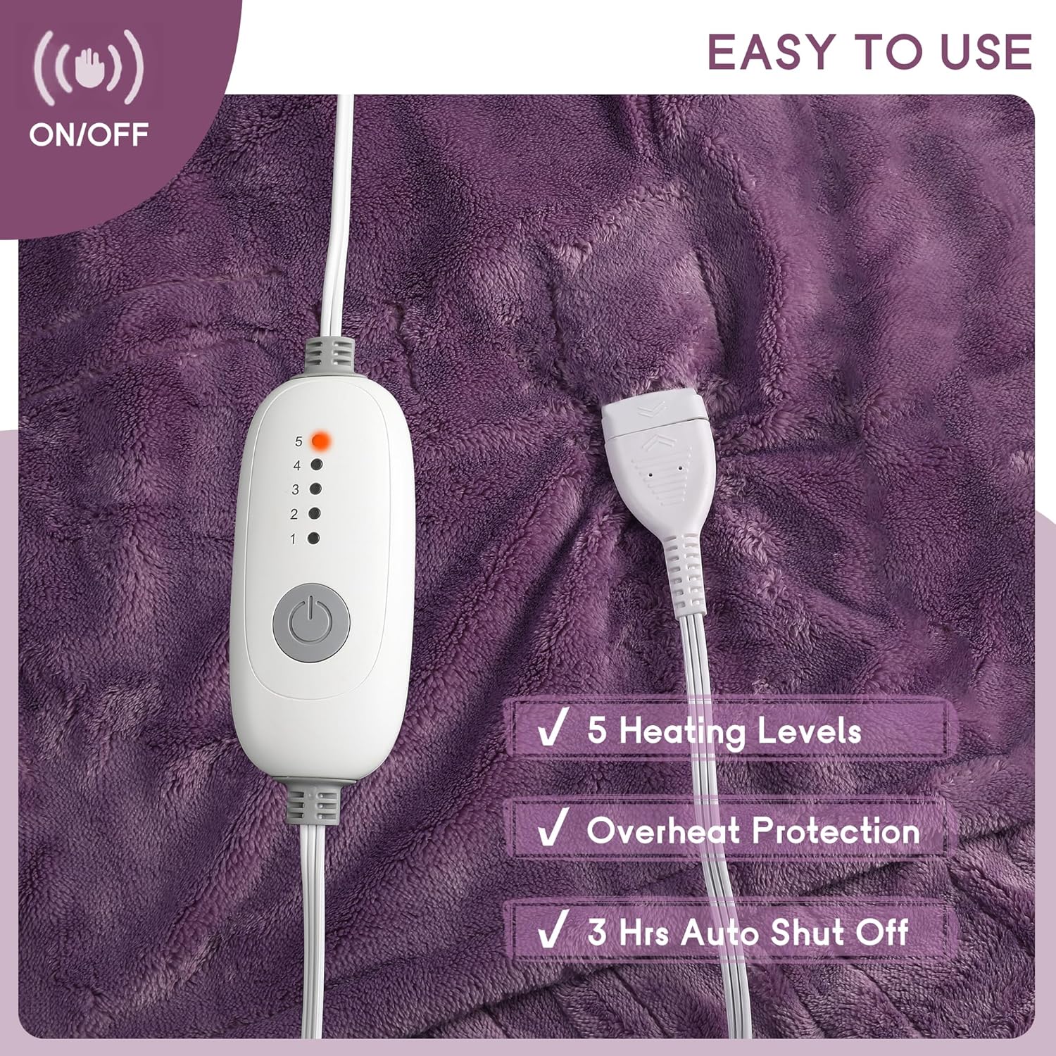 Heated Blanket Electric Throw Size 50''x60'' with 5 Heating Levels, 3 Hour Auto Shut Off, Machine Washable, Flannel & Sherpa Double-Sided Soft Warming Blanket for Couch, Bed, Office - Purple - Image 6