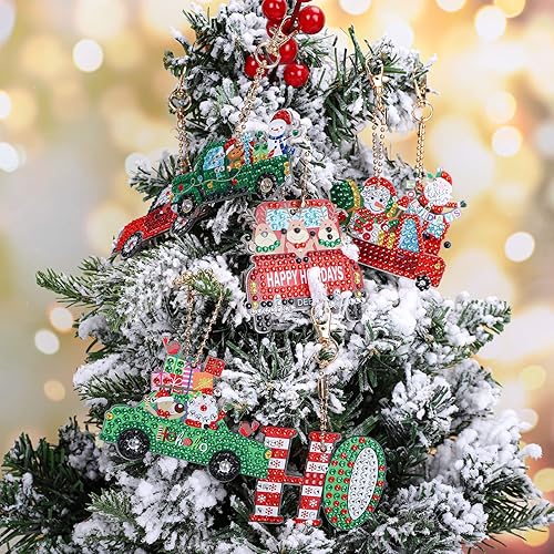 Miniatura 7 de AnyDesign Llavero de arte de diamantes de Navidad, hecho a mano, camión, Papá Noel, muñeco de nieve, pintura de gemas, colgante de mosaico de