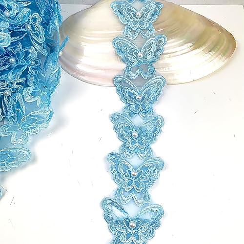 Heyiwell 2Yard Organza Mariposa Perla Bordado Borde De Encaje Cinta - Azul