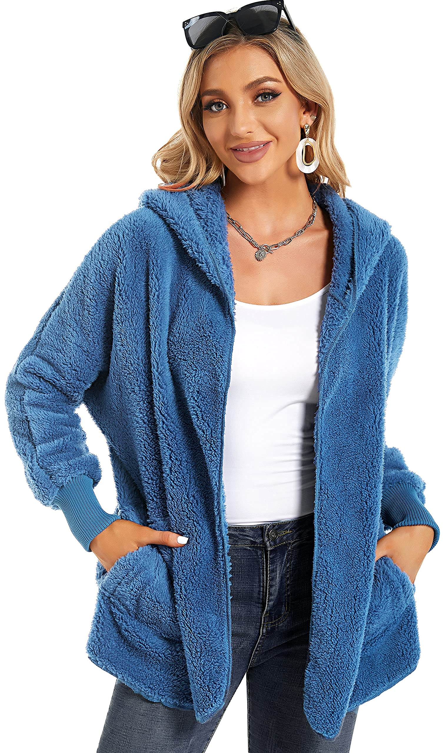 CHICGAL Giacca pelosa da donna con cappuccio, aperto sul davanti, in sherpa, con tasche