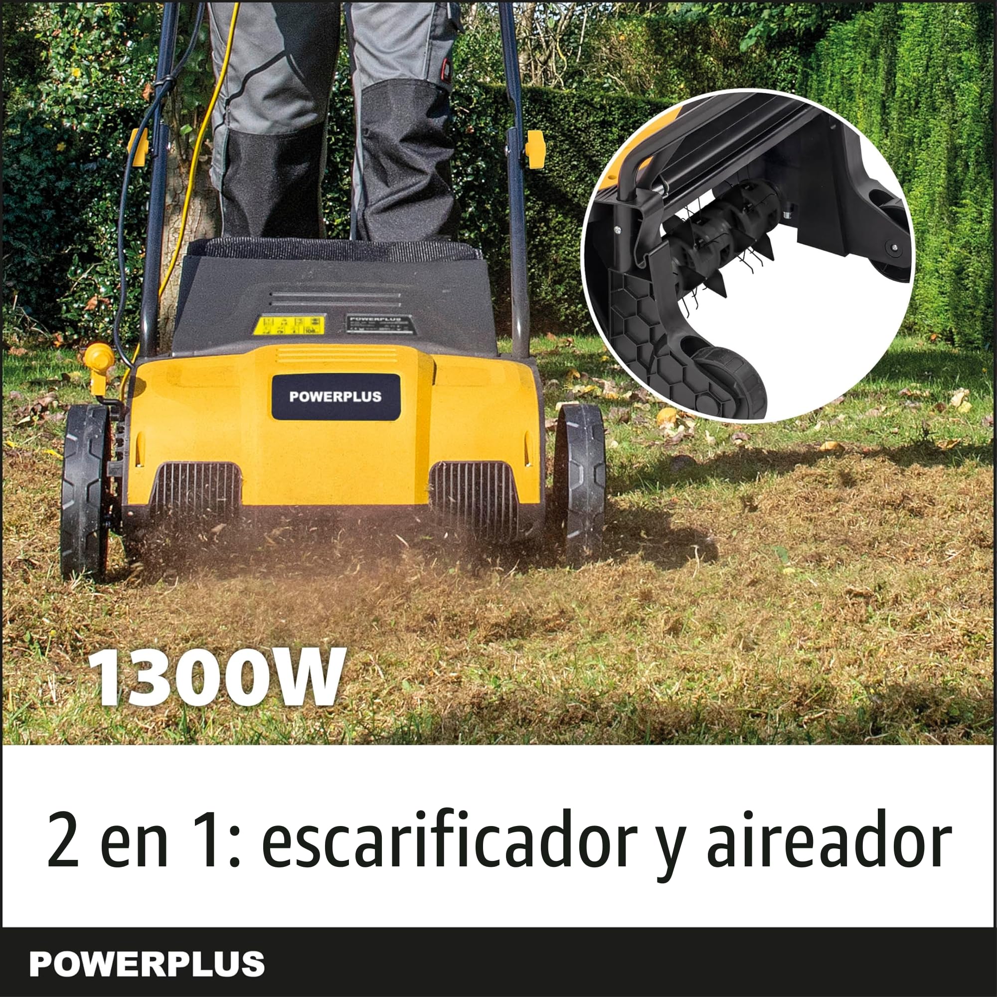 Powerplus Escarificador Eléctrico POWXG75130 - Escarificadores Eléctricos para Césped de 1300W con Ancho de Corte de 320mm - Aireador de Césped para Jardín