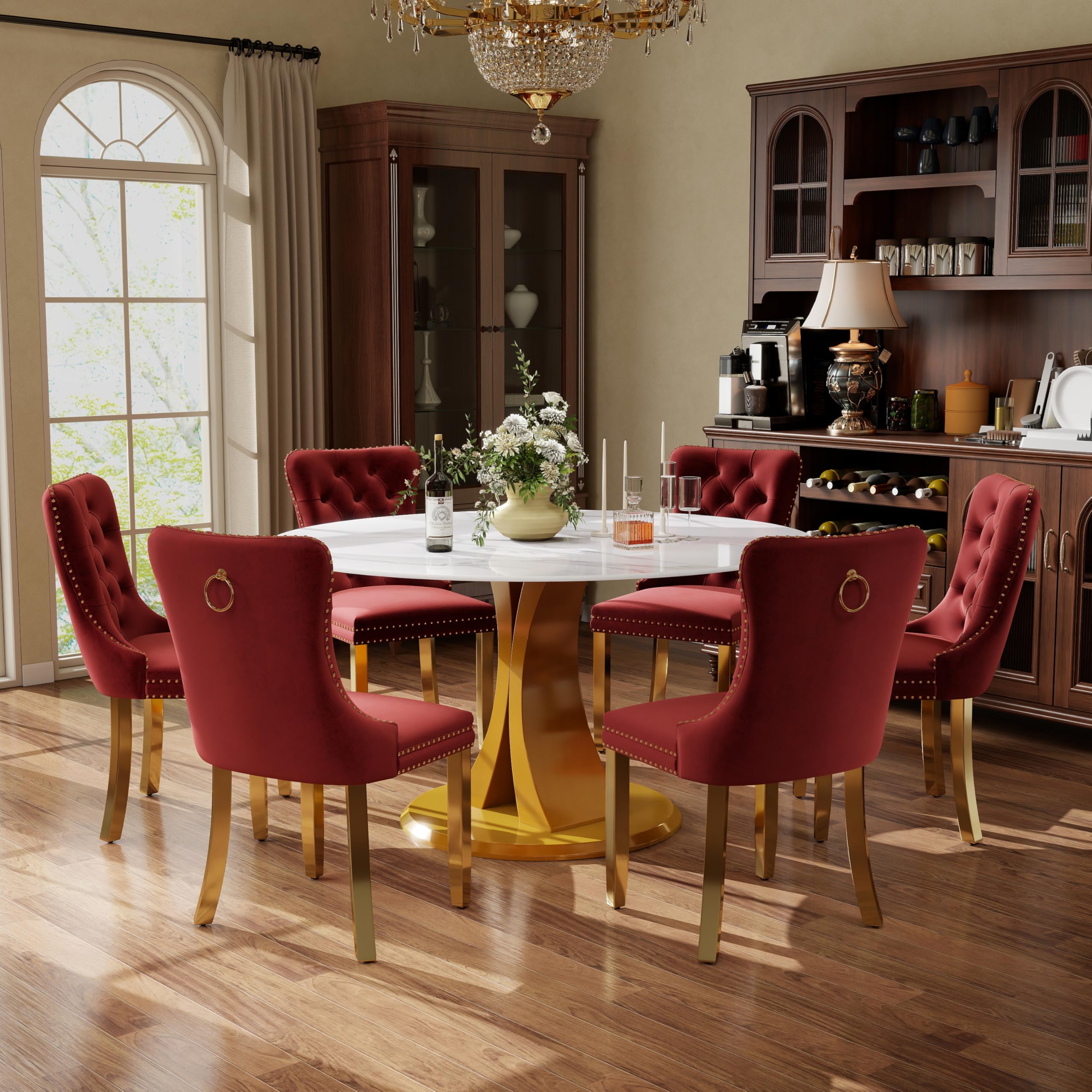 7-Piece Dining Table Set with 47In Faux Marble Table and 6 Velvet Upholstered Chairs, Modern Scandinavian Furniture for Dining Room Kitchen(Burgundy&amp;Gold)