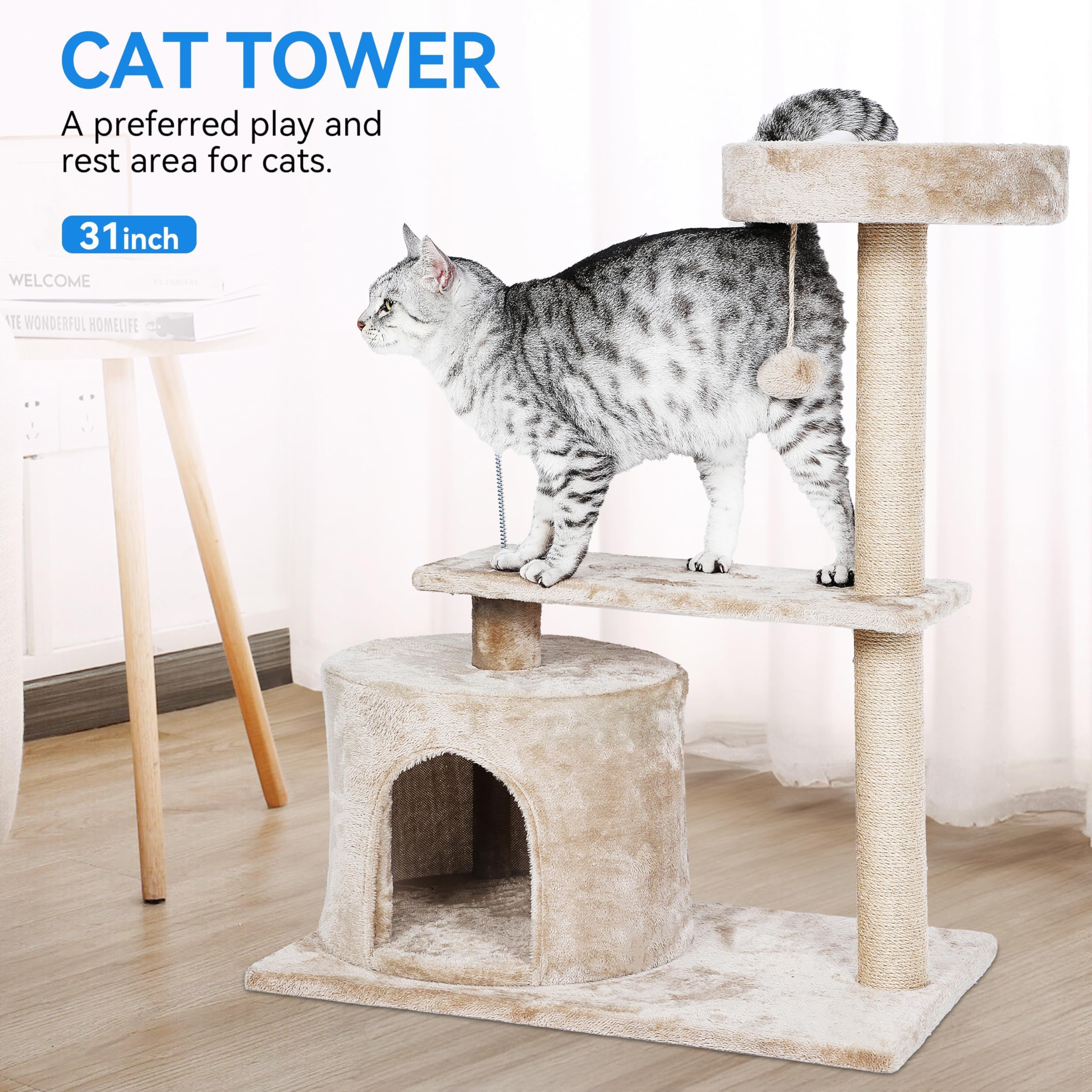 FluffyDream 31 Inch Small Cat Tree Tower for Indoor Cats, Plush Cat Tower with Large Condo, Deep Hammock and Sisal Scratching Post for Kittens, Beige