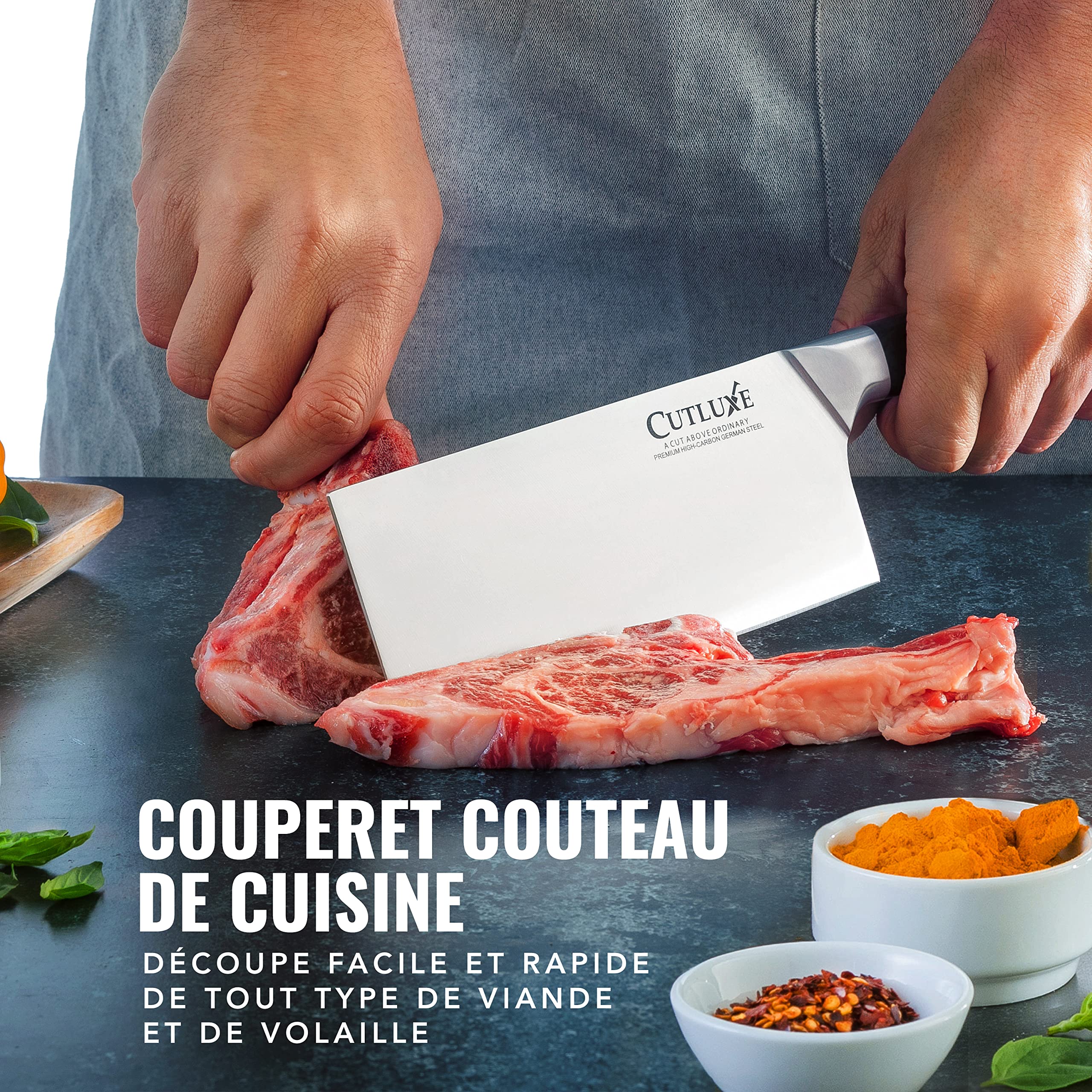 Cutluxe Couteau de Boucher 17.7 cm Acier Allemand Carbone Tang Complet Série Artisan