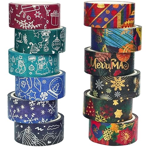 YUBX Juego de 12 rollos de cinta washi de Navidad, adornos de invierno, cinta adhesiva decorativa de lámina dorada plateada básica para artes,