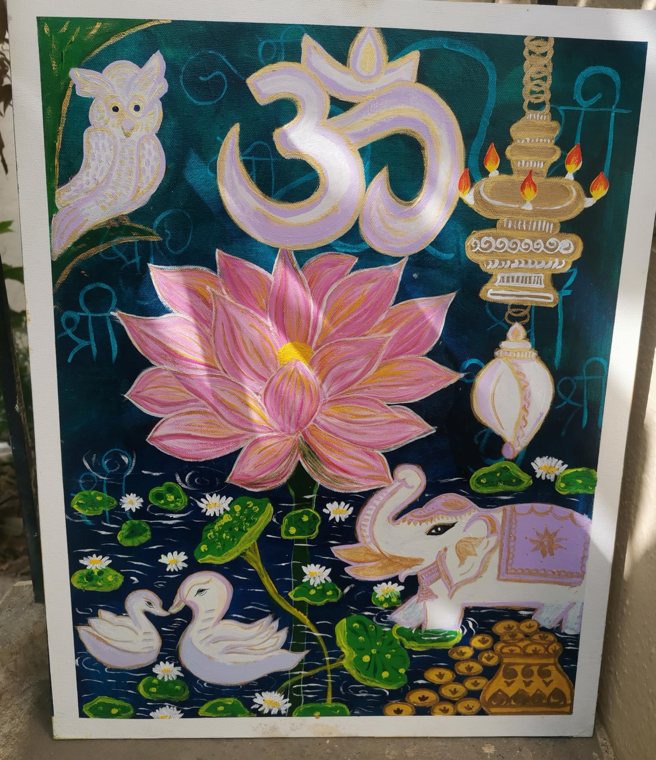 Spiritual Om Lotus Elephant Canvas Art, Hindu Meditation Theme, Multicolor Wall Decor