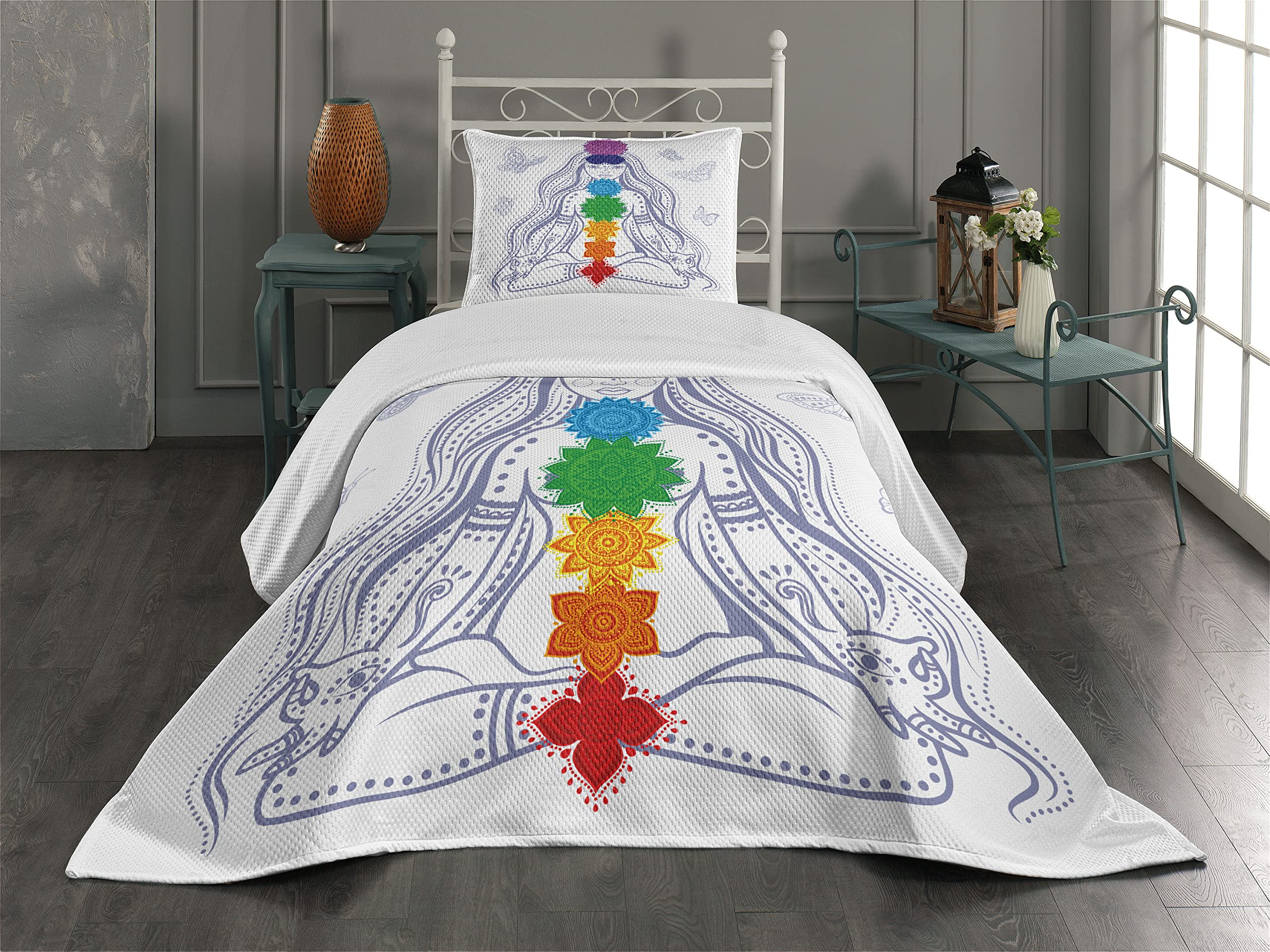 Ambesonne Colorful Coverlet, Girl in Lotus Colorful Stones Yoga Meditation Relax Theme Oriental, 2 Piece Decorative Quilted Bedspread Set with 1 Pillow Sham, Twin Size, Lavender Blue