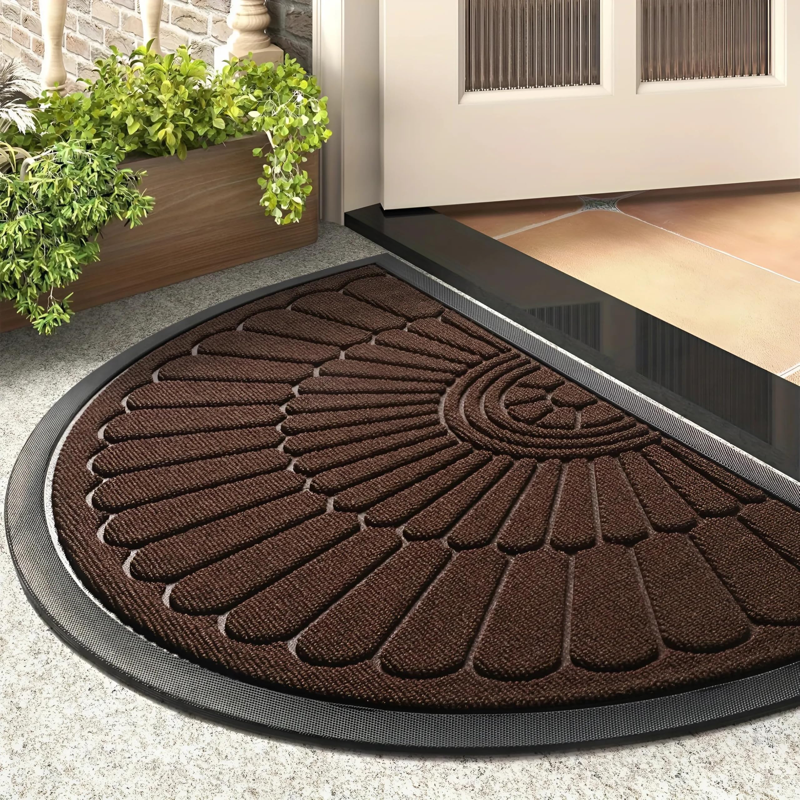 Prisha Cart Semicircular Durable Rubber Non Slip Front Door Mat for Outside Inside Entry Entryway | Dirt Trapper Welcome Mat for Muddy Paws and Shoes, Brown, 45x75 cm