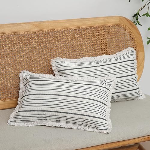 Miniatura 2 de Kiuree Juego de 2 fundas de almohada de granja de 12 x 20 pulgadas, fundas de almohada lumbares a rayas con flecos, fundas decorativas bohemias para
