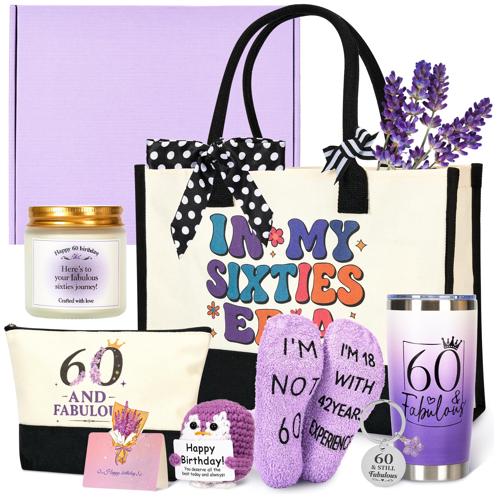 Rilcn 60th Birthday Gifts for Women - Fabulous Birthday Gift Set with Tote Bag, Tumbler, Socks & More - Special Gifts for Her, Wife, Mom, Grandma, Friend