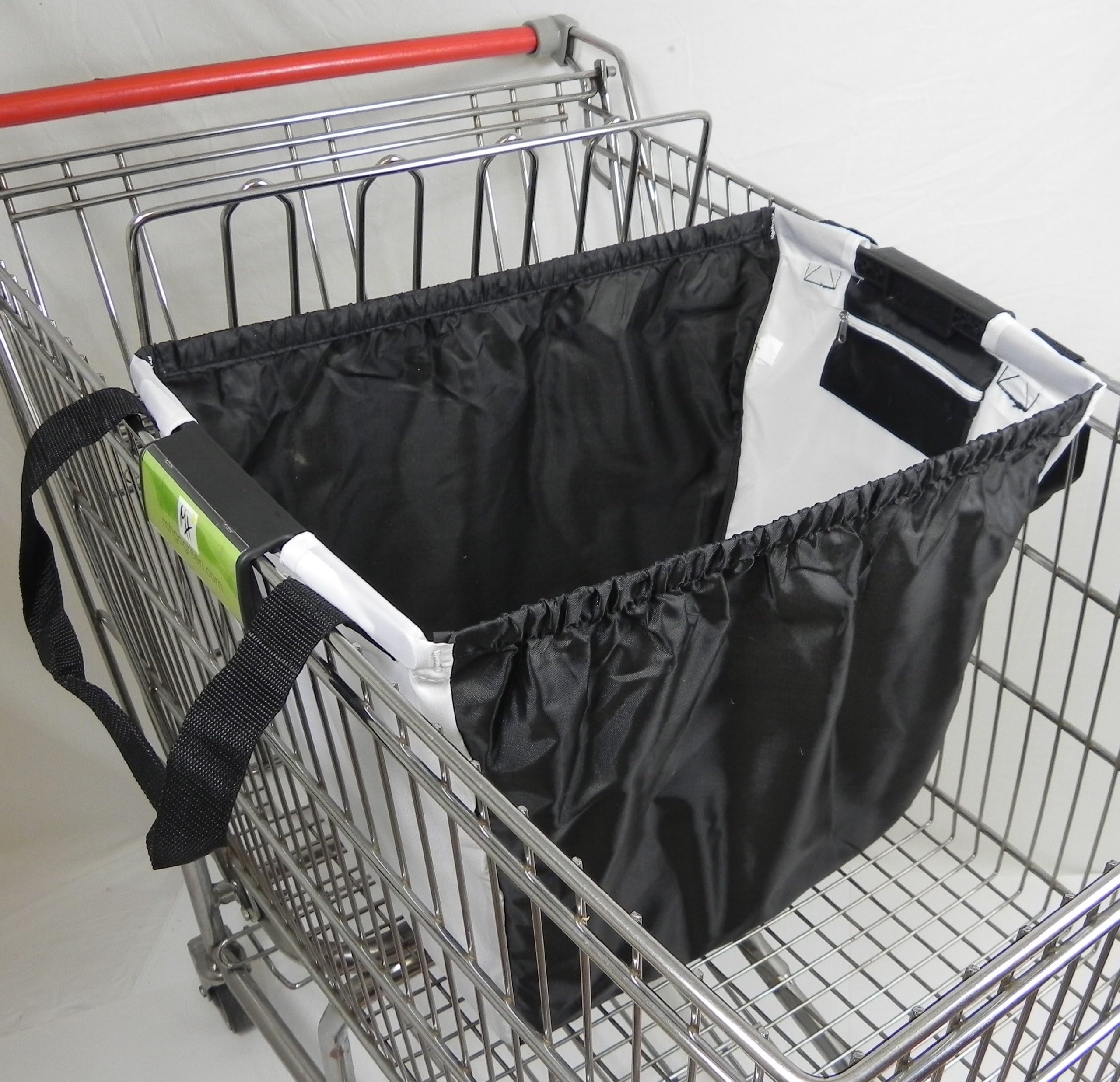 Trolly Shopping Bag, Reusable, Foldable, Lightweight 7oz bag, Universal Clip, for wire and plastic rimmed carts, Black/white