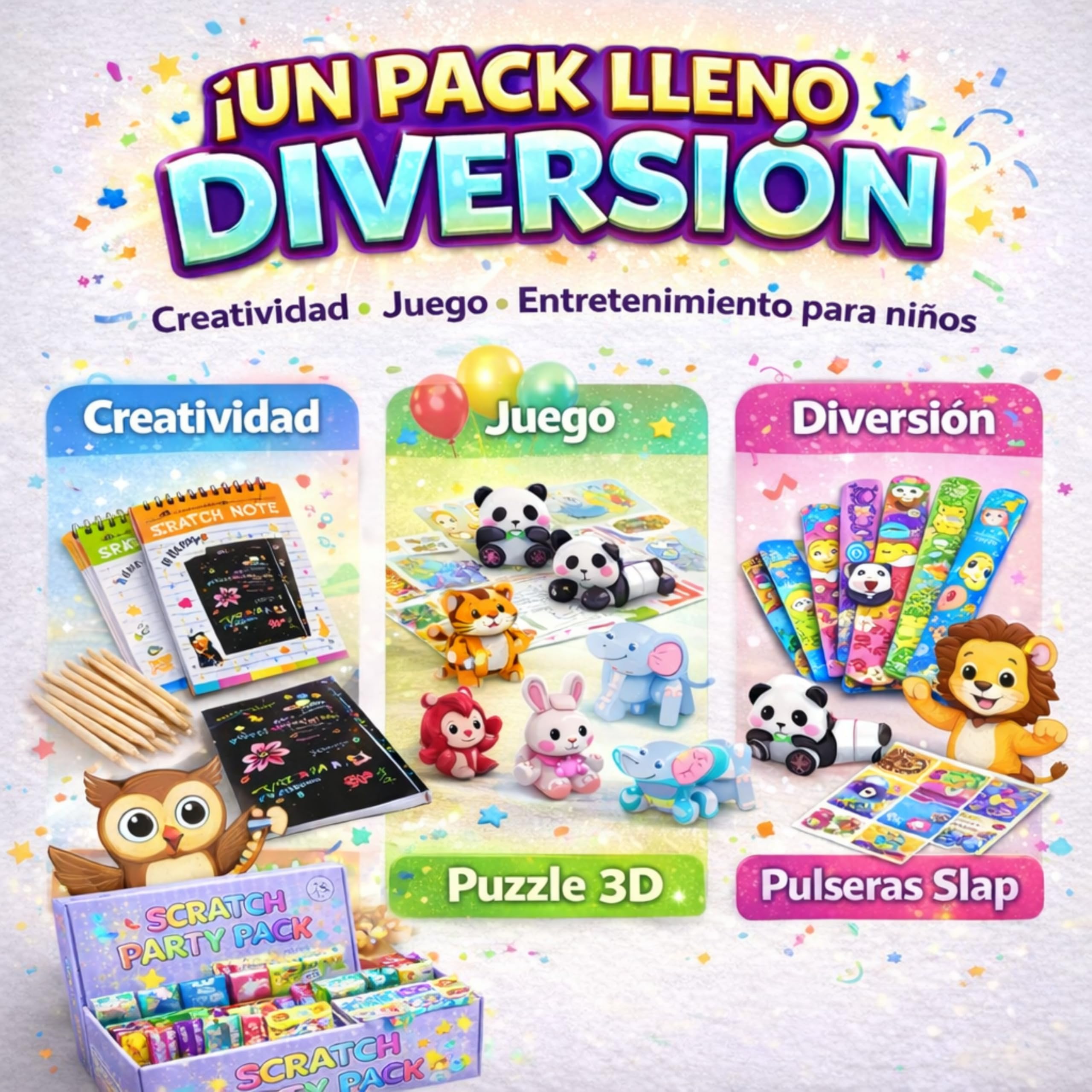 EL MOCHUELITO Regalos Cumpleaños Niños Colegio – Pack 24 Invitados con Bolsas Individuales, Pulseras Silicona Slap, Puzzle 3D y Scratch Art – Detalles Cumpleaños Infantil Repartir o Crear Bolsitas — view 9