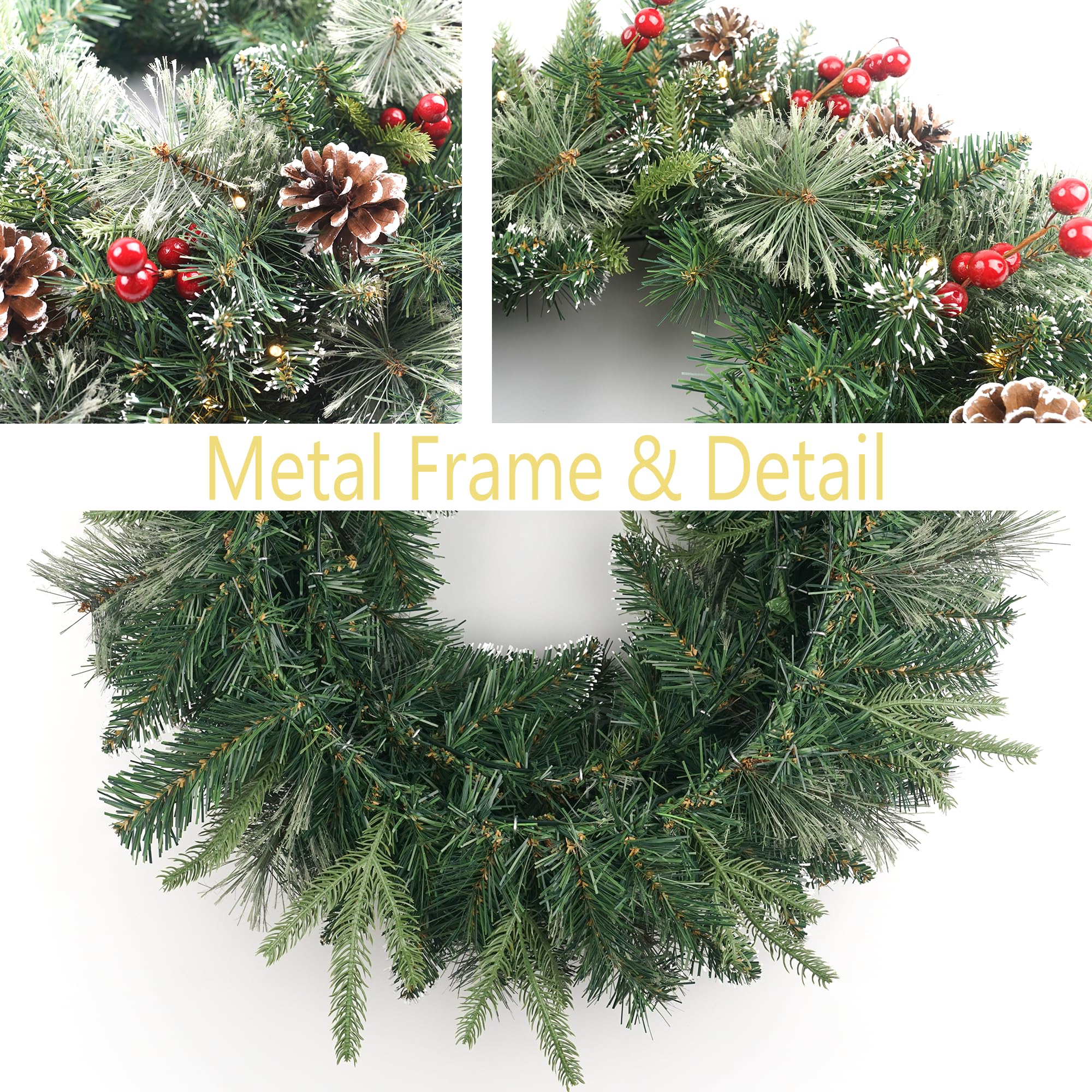 Corona de Navidad Nevada preiluminada de 24 Pulgadas con 50 Luces y Cono de Pino, Coronas de Navidad Artificiales para Puerta Delantera con Luces, Corona para decoración de Navidad, Puerta, Ventanas,