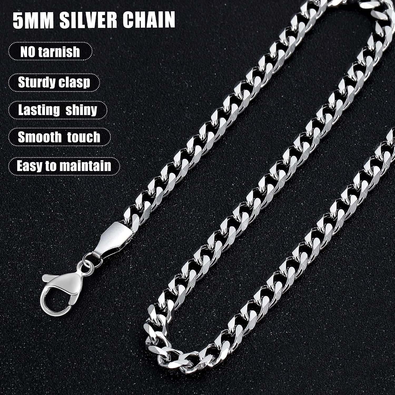Fiusem 5mm Silver Tone/Gold Cuban Link Chain for Men, Mens Chain Necklaces, Stainless Steel Chain Necklaces for Men Women and Boys, 3.5/4/5mm