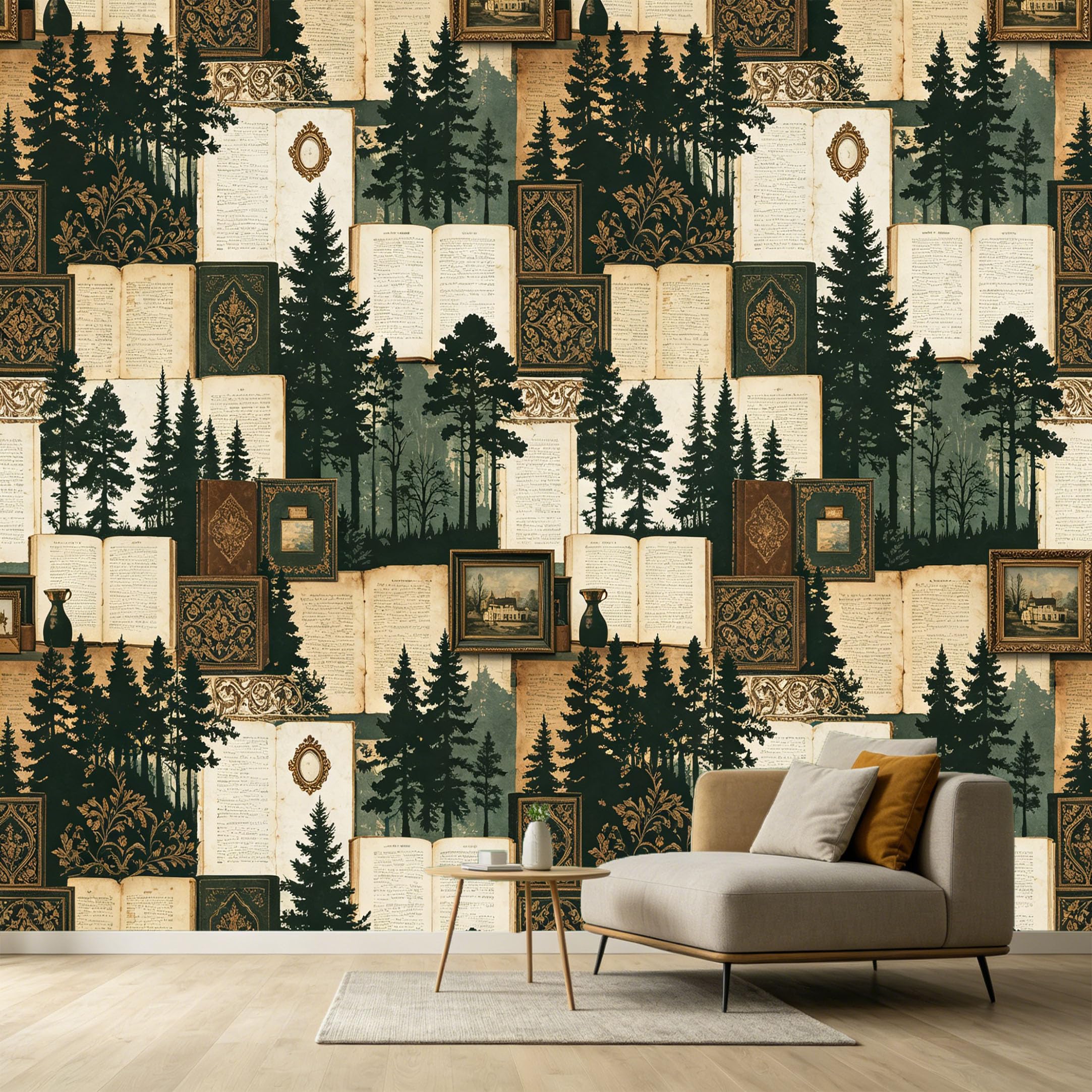 Custom Size Wall Murals Vintage Forest Bookshelf Pattern Retro Library Silhouette SelfAdhesive Wall Fabric Removable Large Wallpaper for Photo Living Room