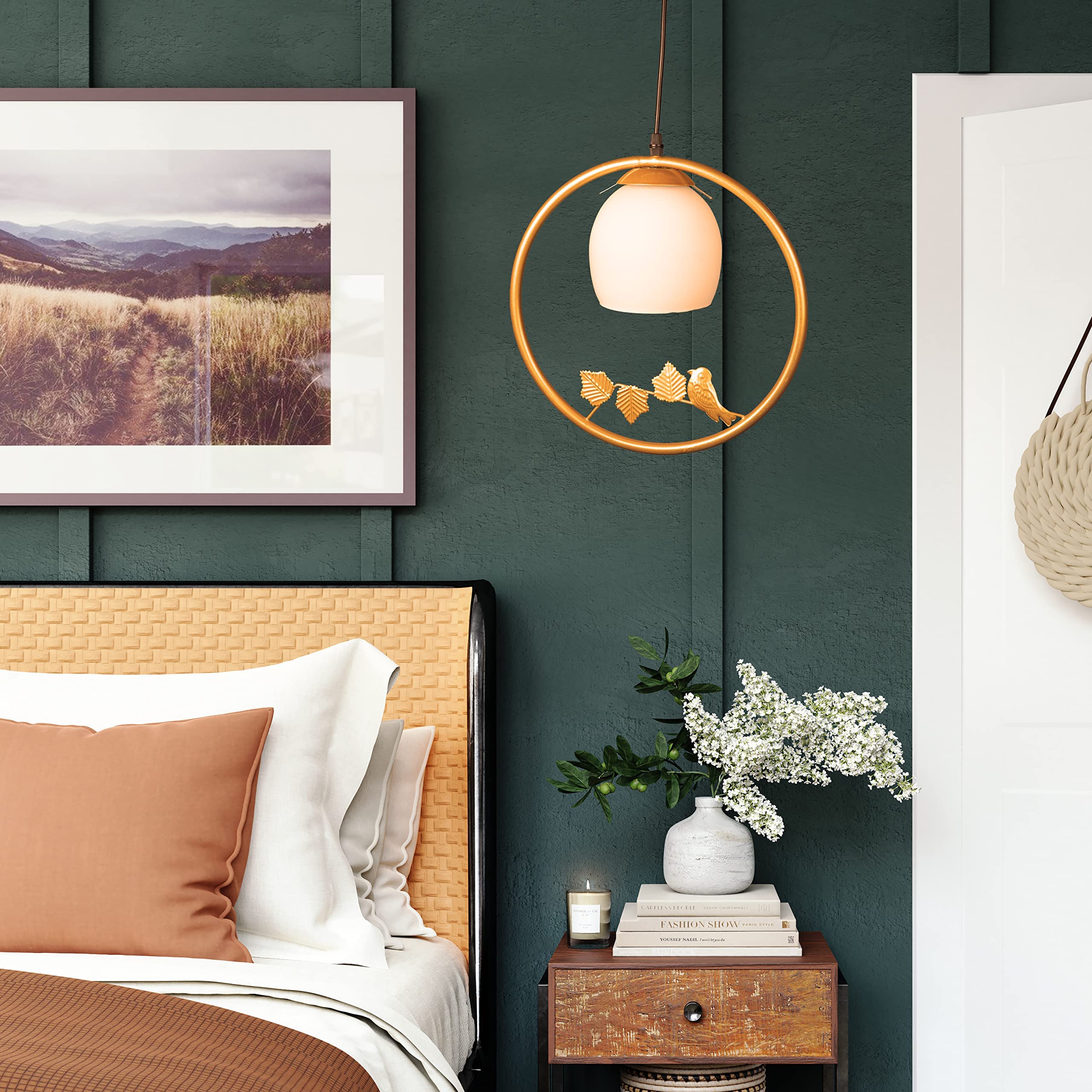 LIGHTZILLIA Modern Designer Spherical Metal Bird Circular & White 6" Cut Lampshade Pendant Light Golden Ceiling Hanging Lamp for Livingroom, Kitchen, Office (Bulb not Include)