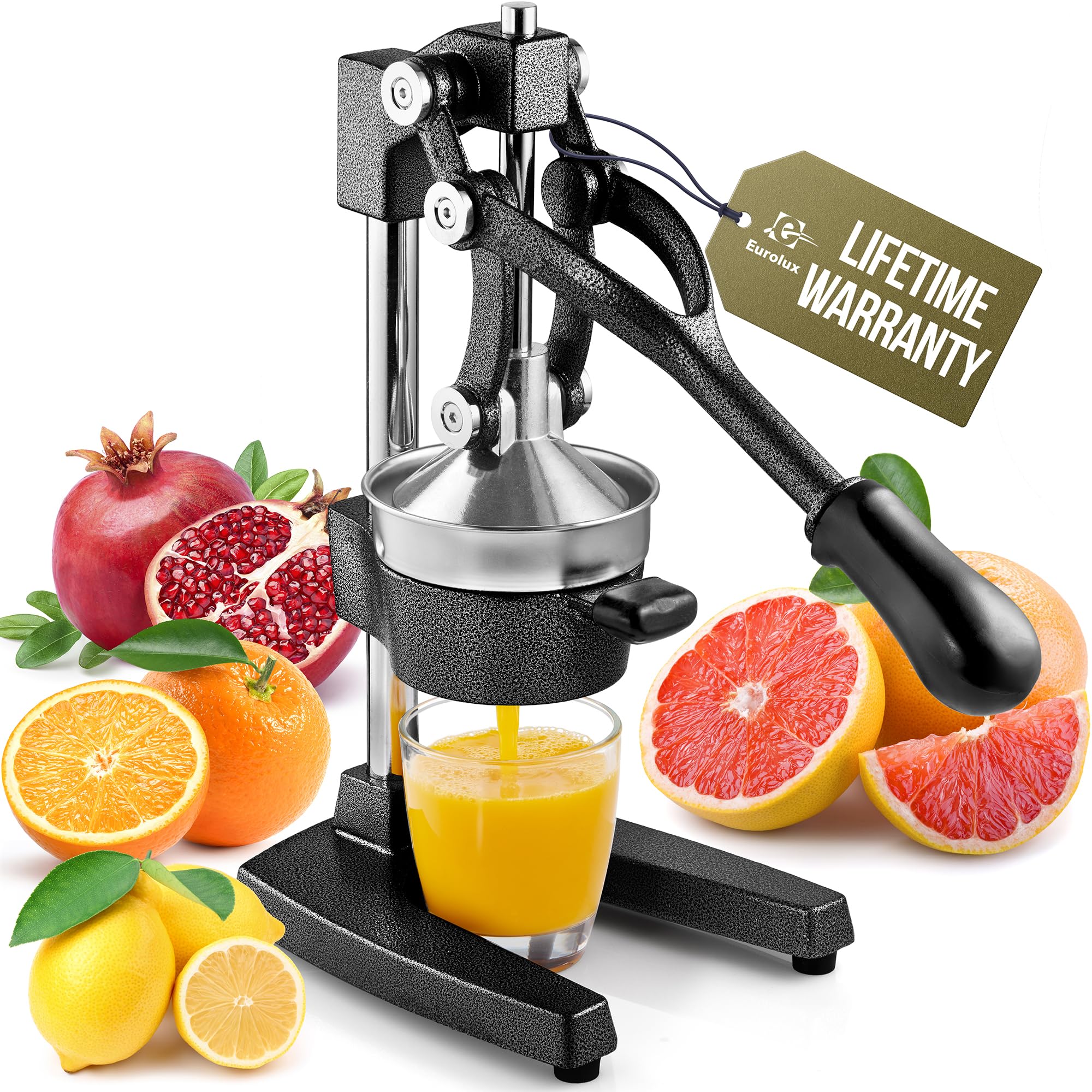 Eurolux Cast Iron Citrus Juicer | Commercial Grade Manual Hand Press | Countertop Squeezer for Fresh Fruit Juice (Bonus Stainless Steel Cup) (Black)
