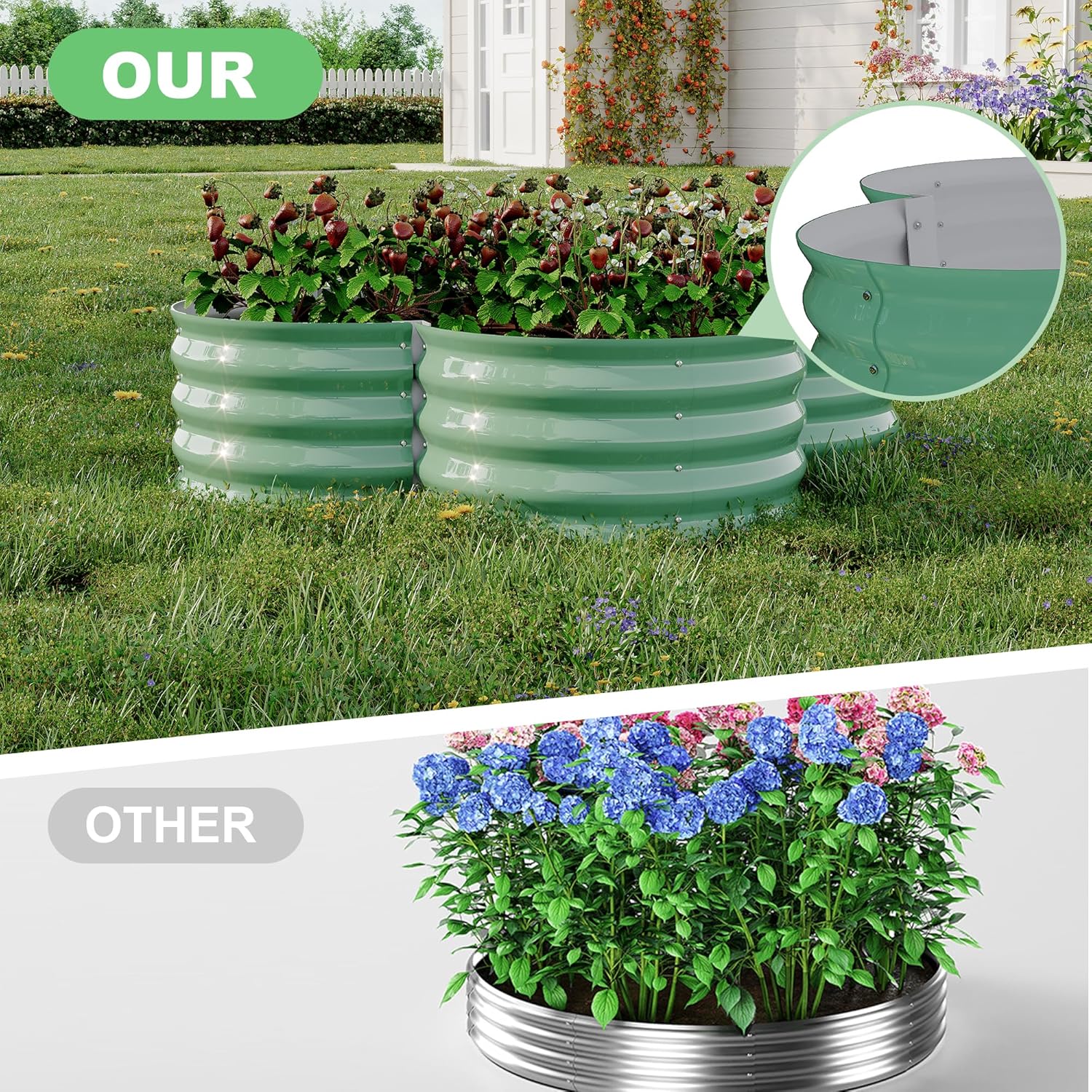 GarveeLife 2-Pack Galvanized Raised Garden Bed – Rust-Resistant Petal-Shaped Outdoor Planter Box with Open Base for Herbs, Veggies & Flowers, Ground-Connected Design for Deep Root Growth,Green