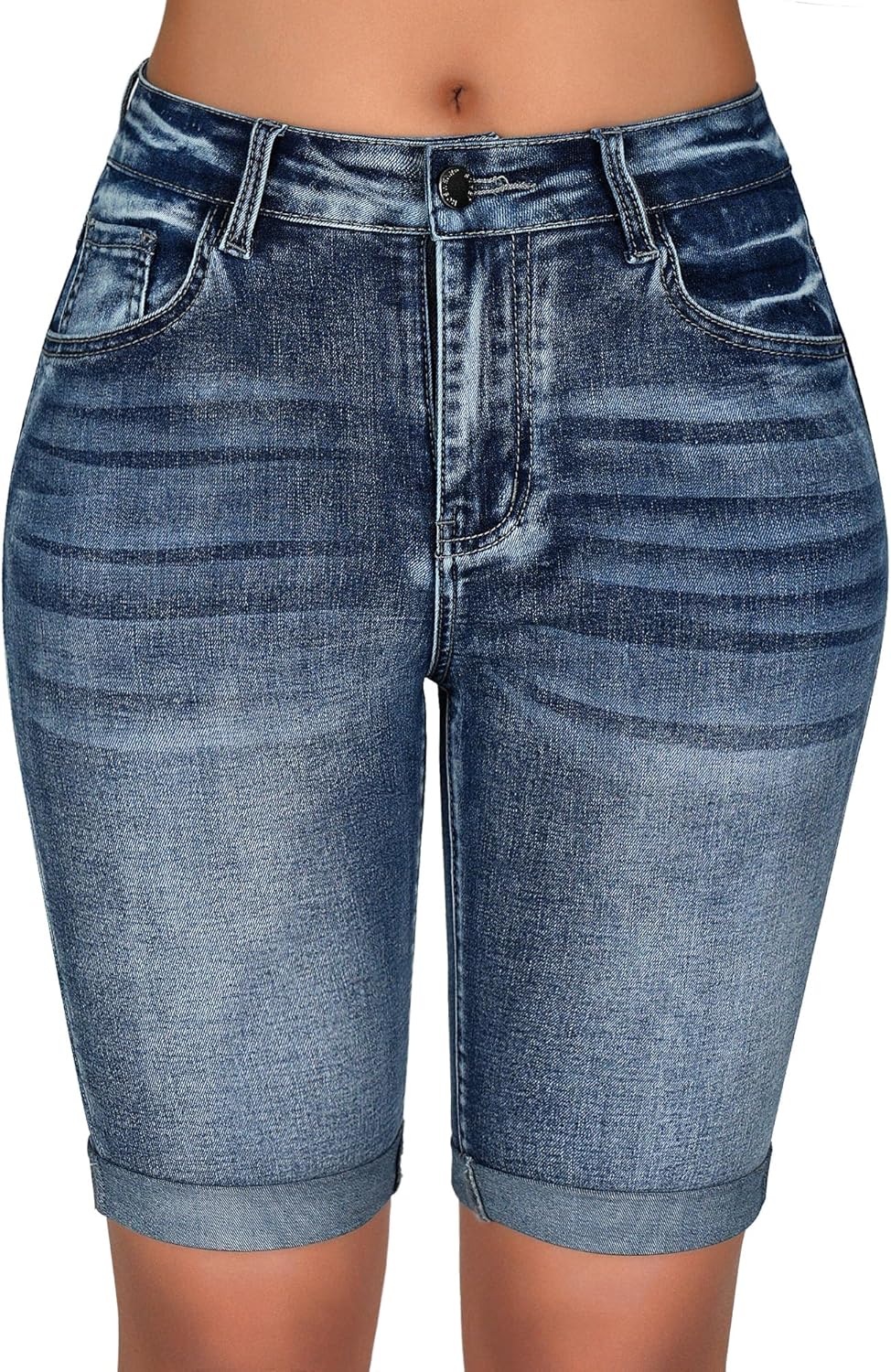 roswear Women's Denim Bermuda Shorts Mid Rise Stretchy Rolled Hem Long Jean Shorts