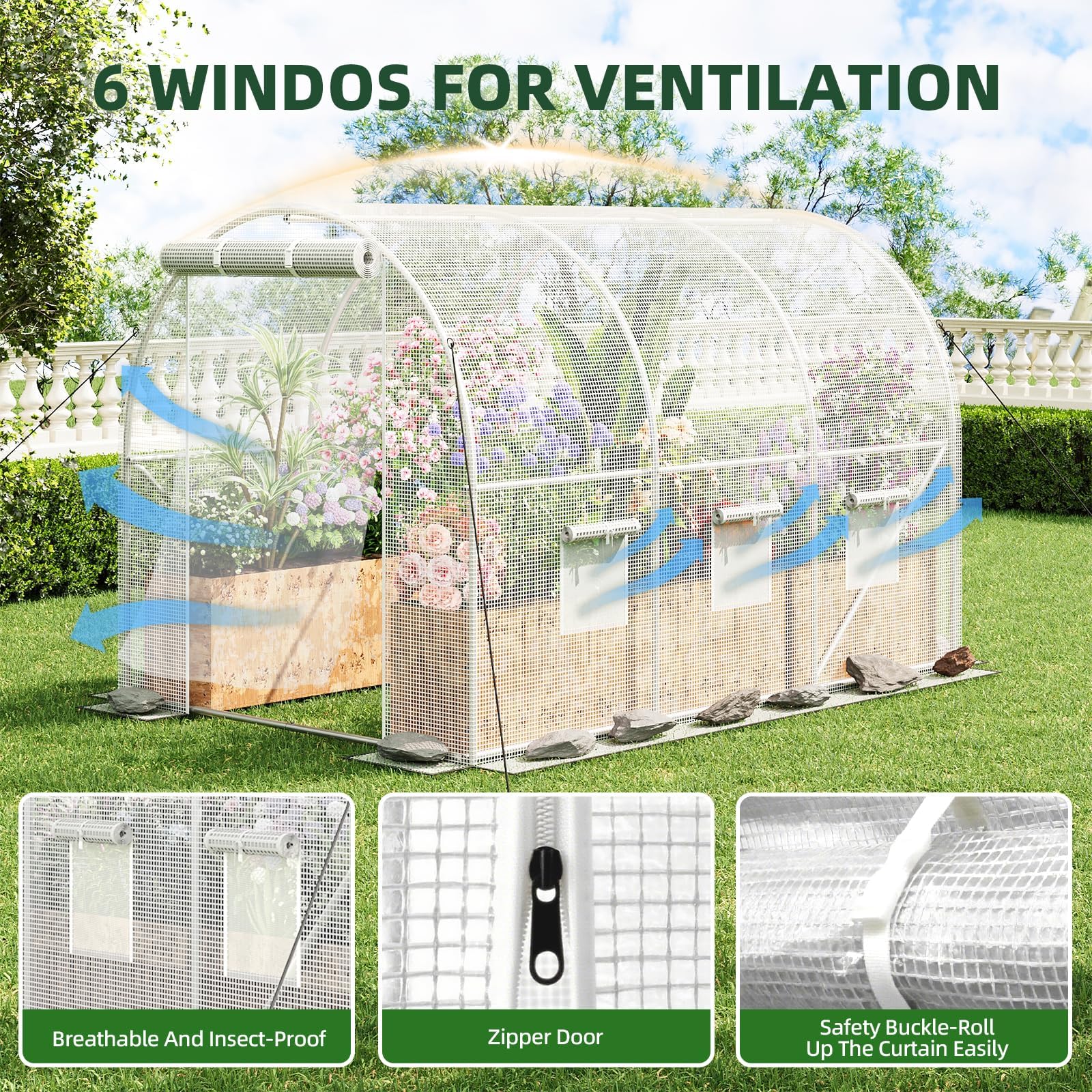 Superlele Invernadero resistente para exteriores, invernadero de túnel de 10 x 6.6 x 6.6 pies, gran casa verde de jardín con cubierta de malla de polietileno reforzada, 6 ventanas con pantalla