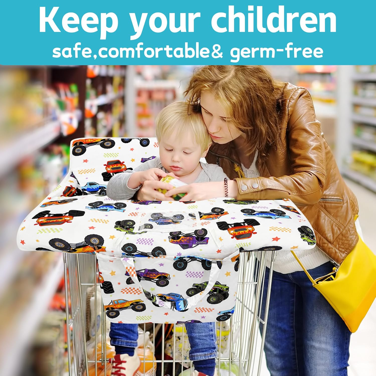 Shopping Cart Cover for Baby,2-in-1 High Chair Cover Soft,Portable, and Machine Washable,Comfortable Cotton Seat Pad with Safety Harness and Portable Cloth Bag,Fits All Supermarkets and Restaurants
