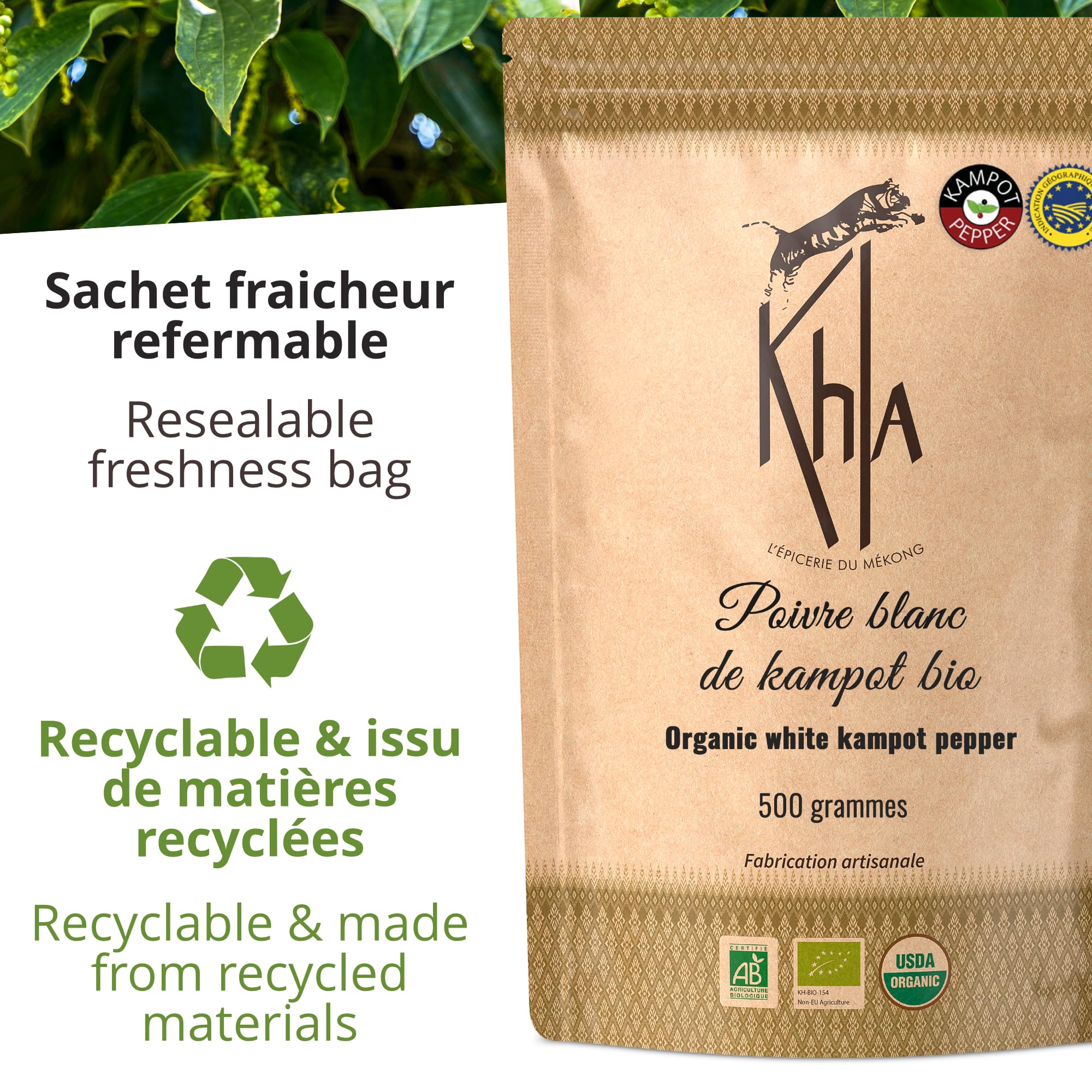 Khla - Pepe bianco Kampot biologico - Bustina di pepe Vrac in grani 500g - Ricarica per macinino - Ingrediente da cucina - Direttamente dal produttore - Spezia asiatica - Origine Cambogia